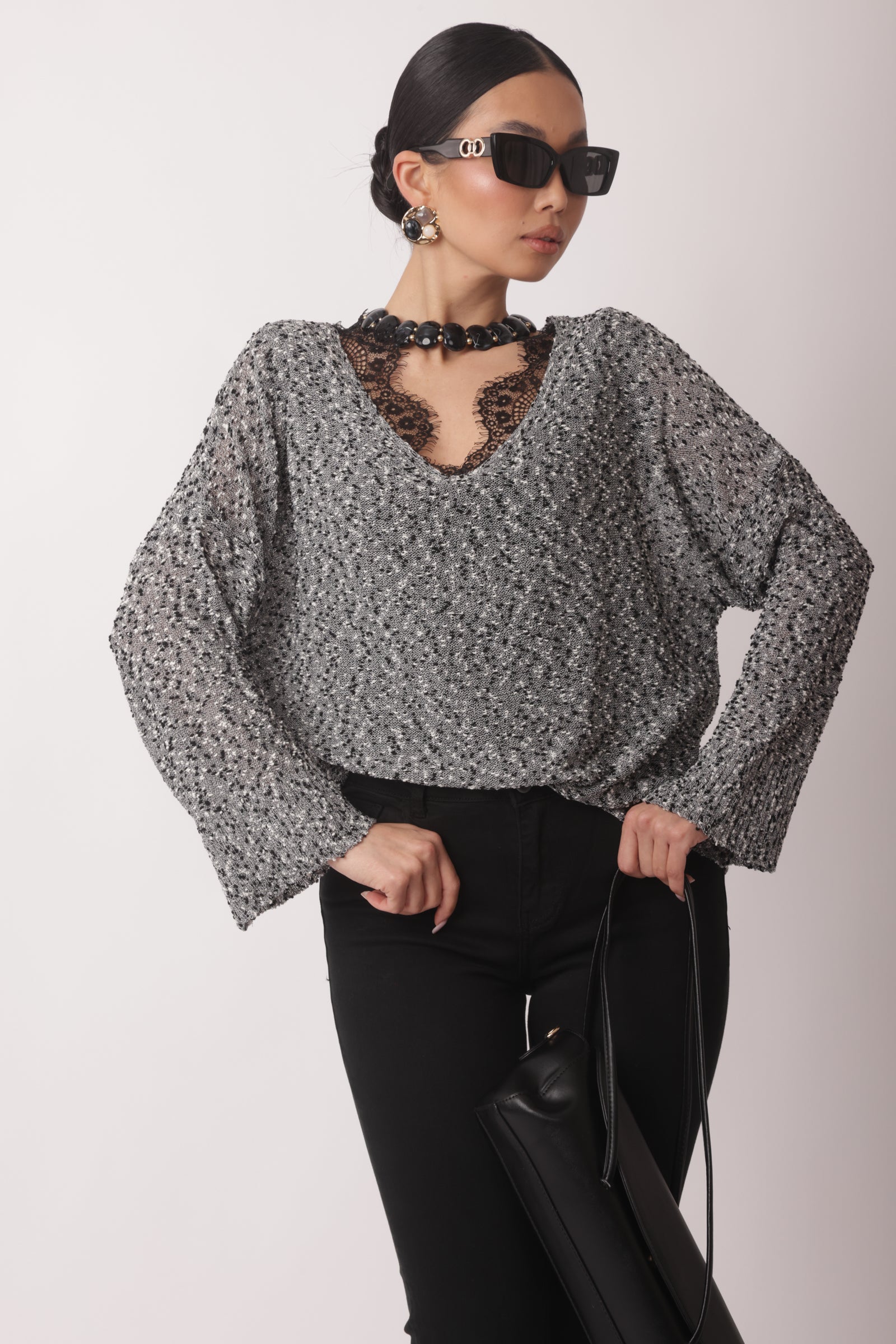 Maglia Scollo V Bouclé Over Nero