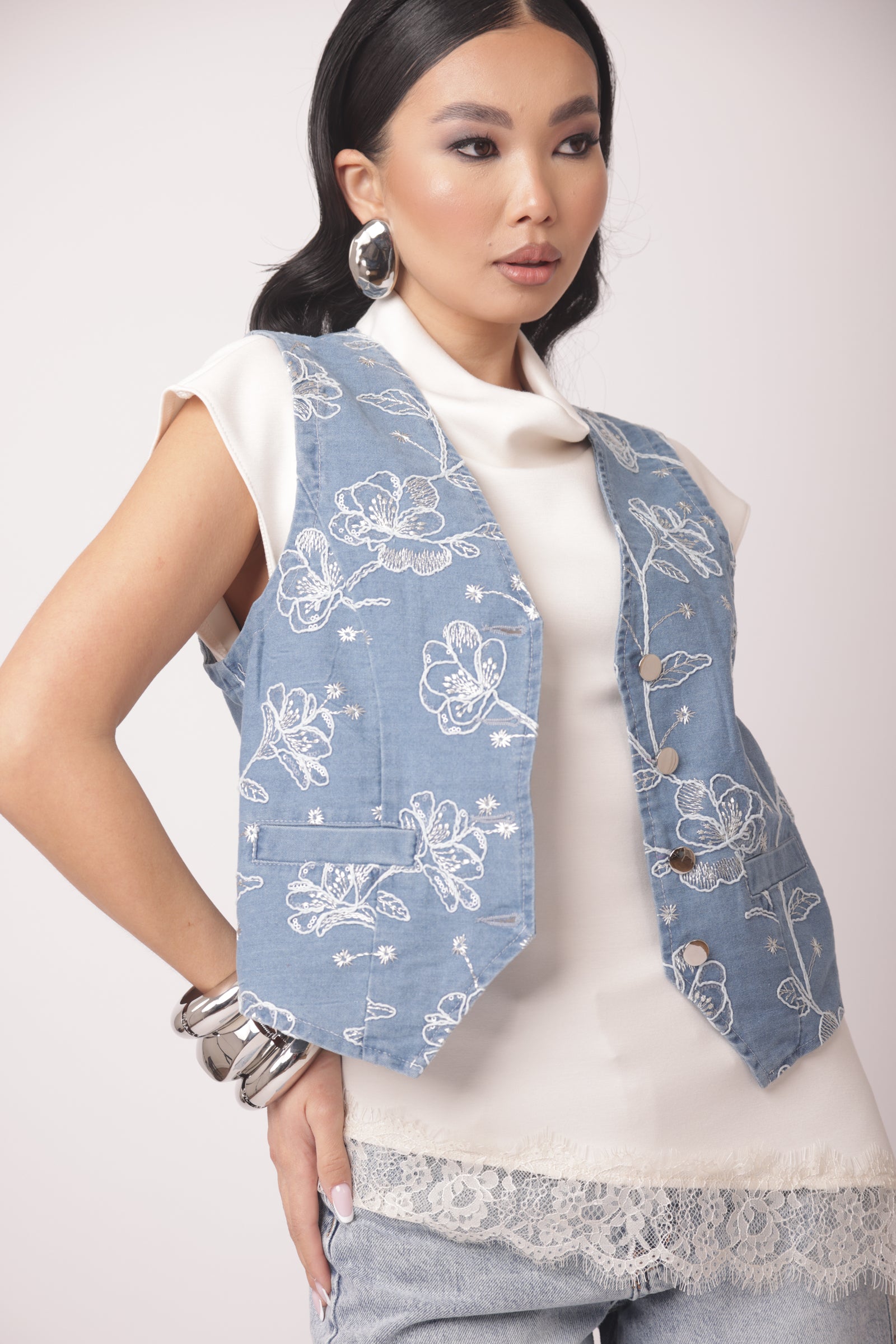 Gilet Flower denim|Colore:Denim