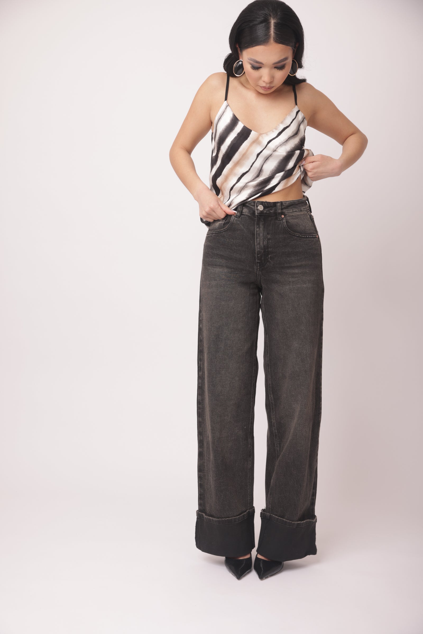 Jeans Con Piegone denim nero|Colore:Denim nero