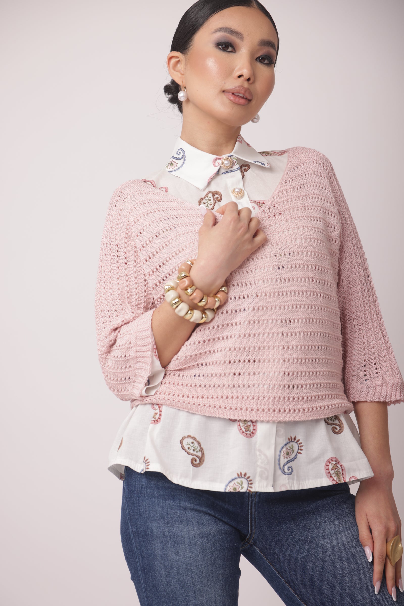 Maglia Traforata Scollo V rosa|Colore:Rosa