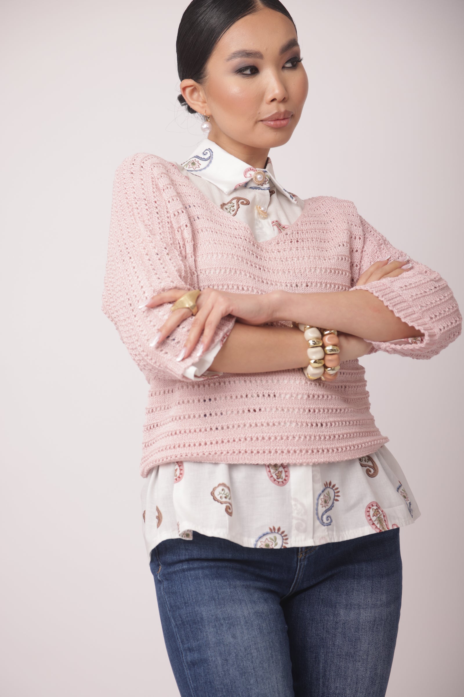 Maglia Traforata Scollo V rosa|Colore:Rosa