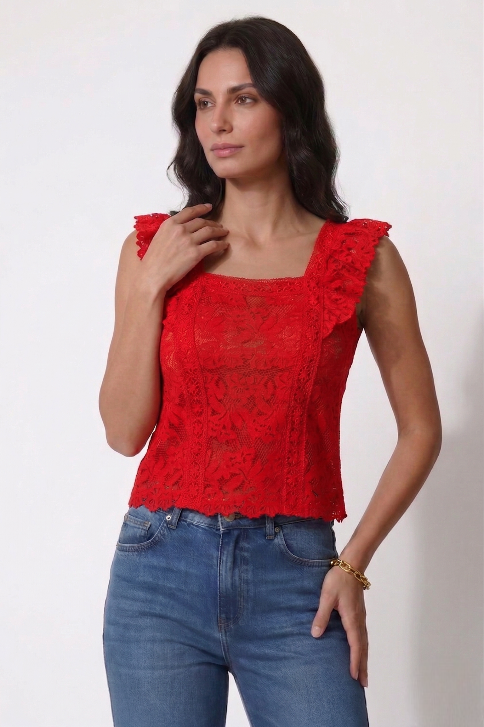 Top Pizzo Scollo Quadrato rosso|Colore:Rosso