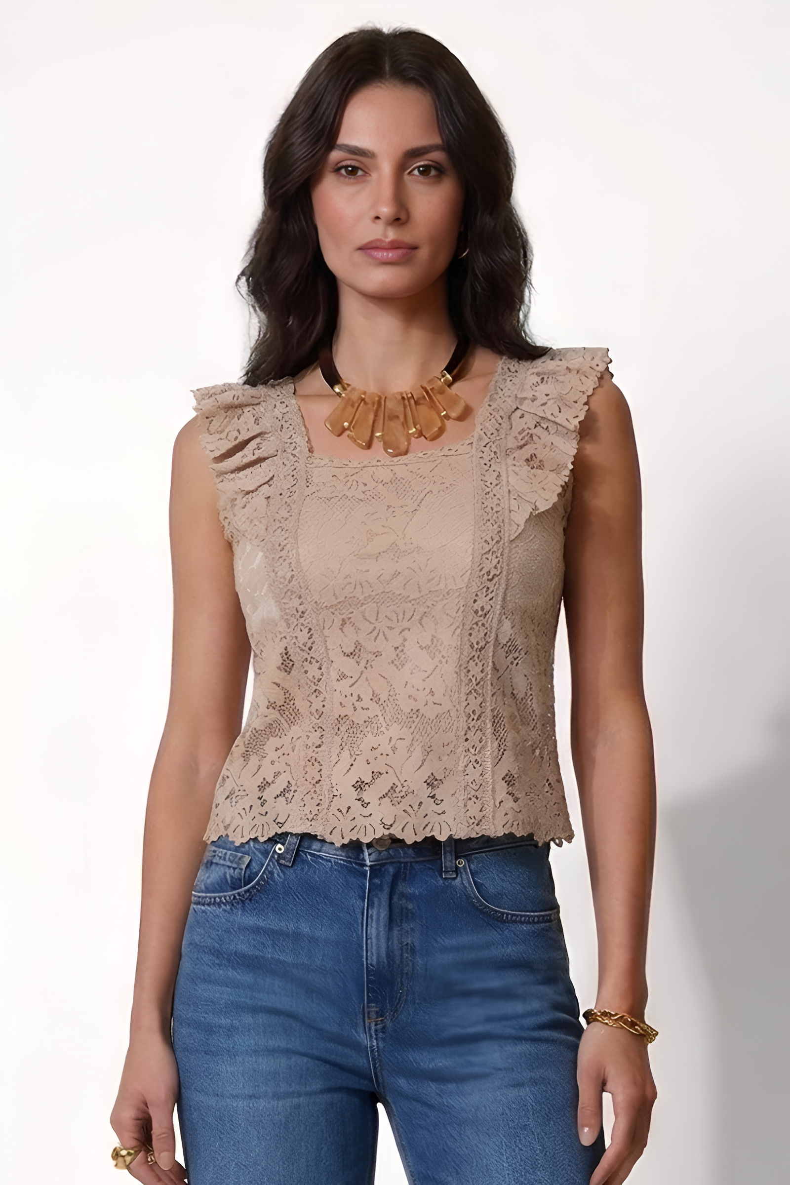 Top Pizzo Scollo Quadrato beige|Colore:Beige