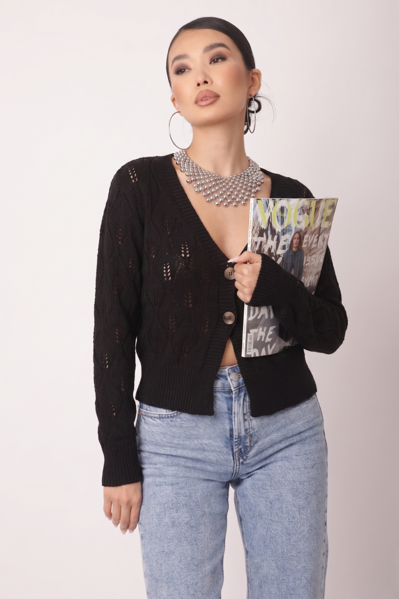 Cardigan Foglie nero|Colore:Nero