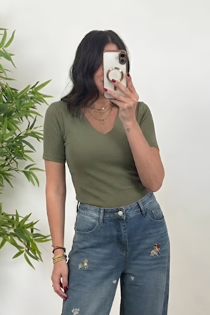 Maglia Scollo V Slim verde militare|Colore:Verde militare