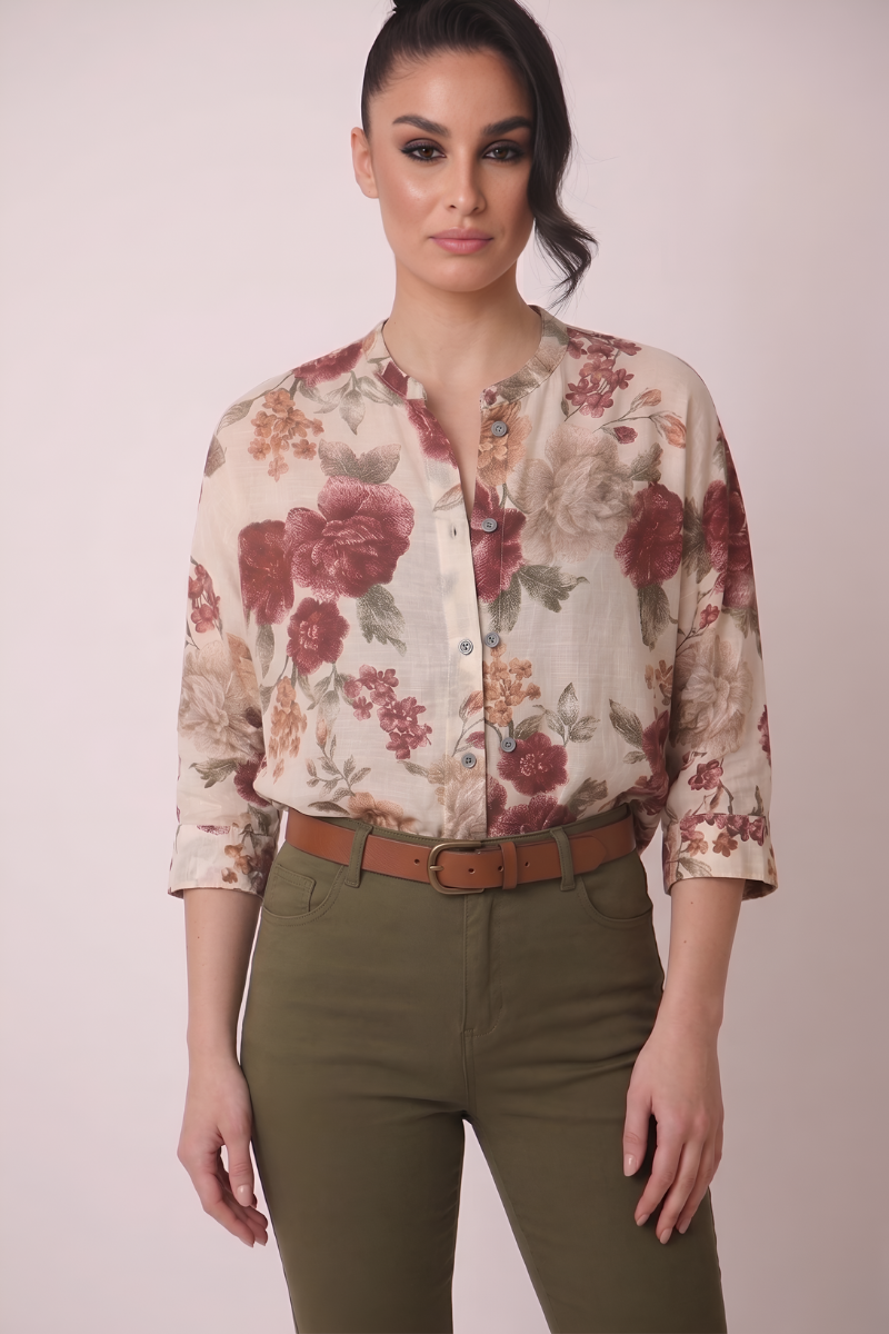 Camicia Fiori Misto Seta Bordeaux|Colore:Bordeaux