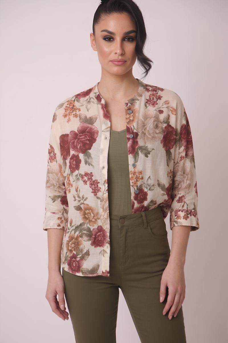 Camicia Fiori Misto Seta Bordeaux|Colore:Bordeaux