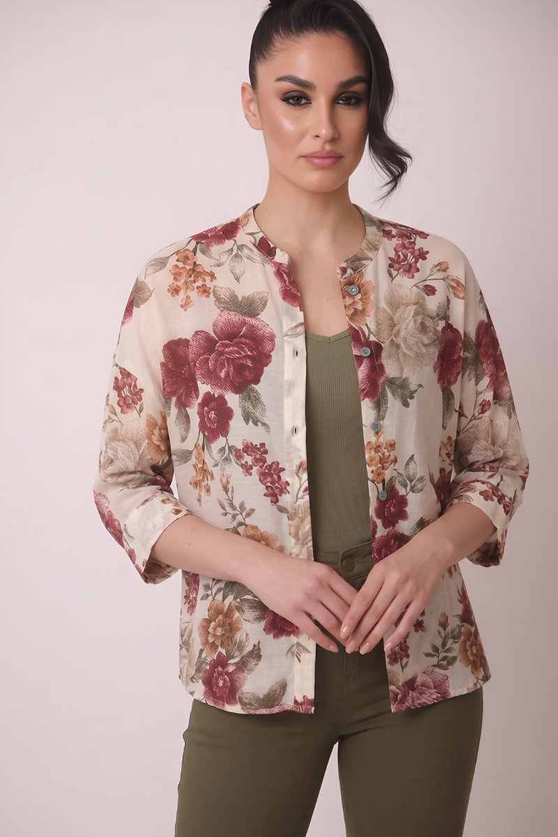Camicia Fiori Misto Seta Bordeaux|Colore:Bordeaux