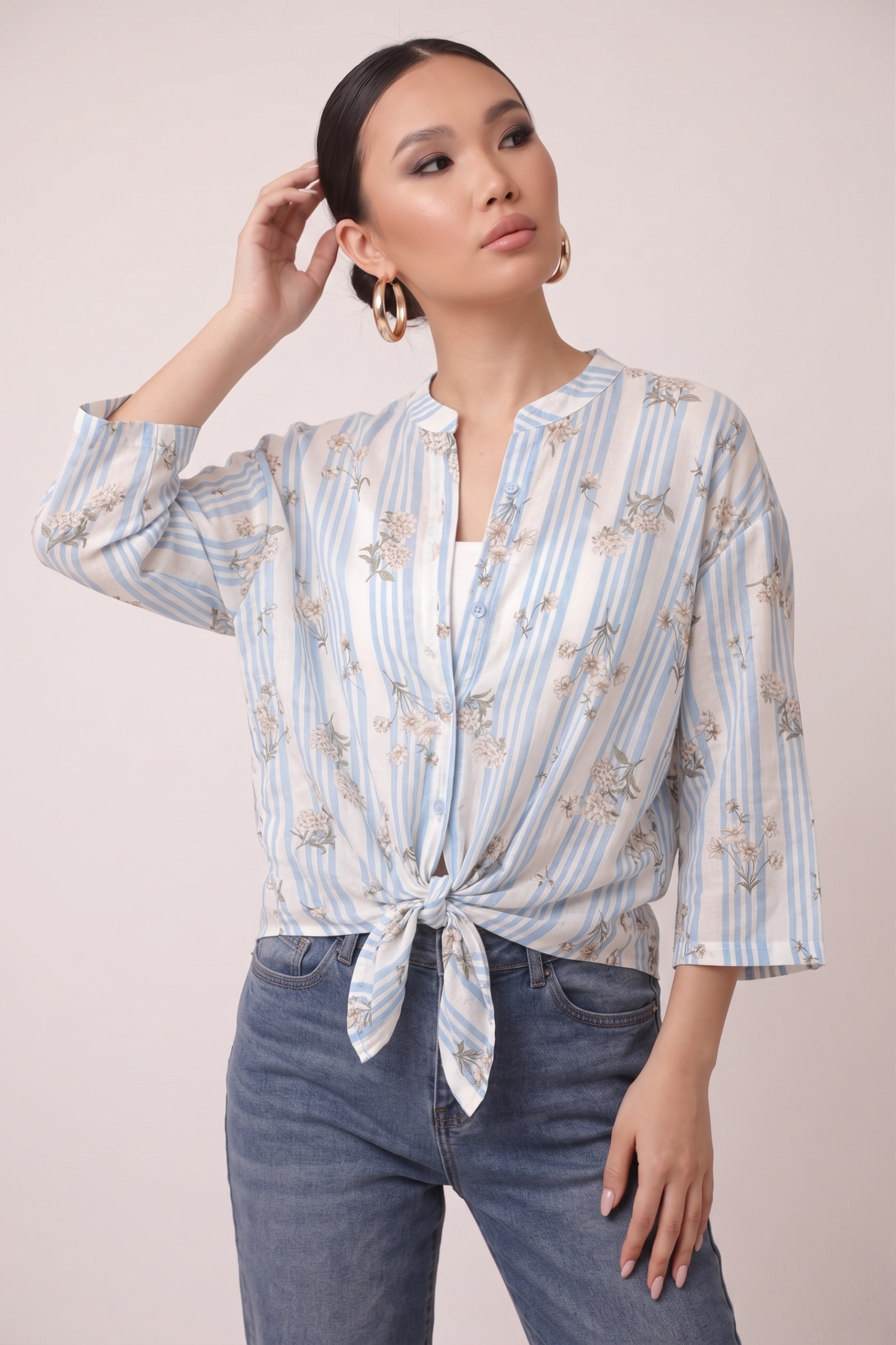 Camicia Righe Fiori Misto Seta celeste|Colore:Celeste