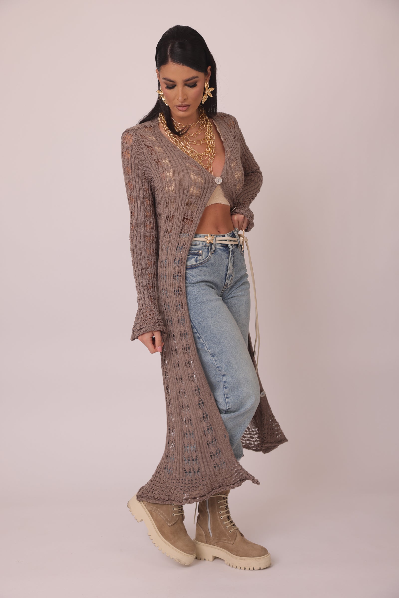 Cardigan  Lungo Elisabeth fango|Colore:Fango
