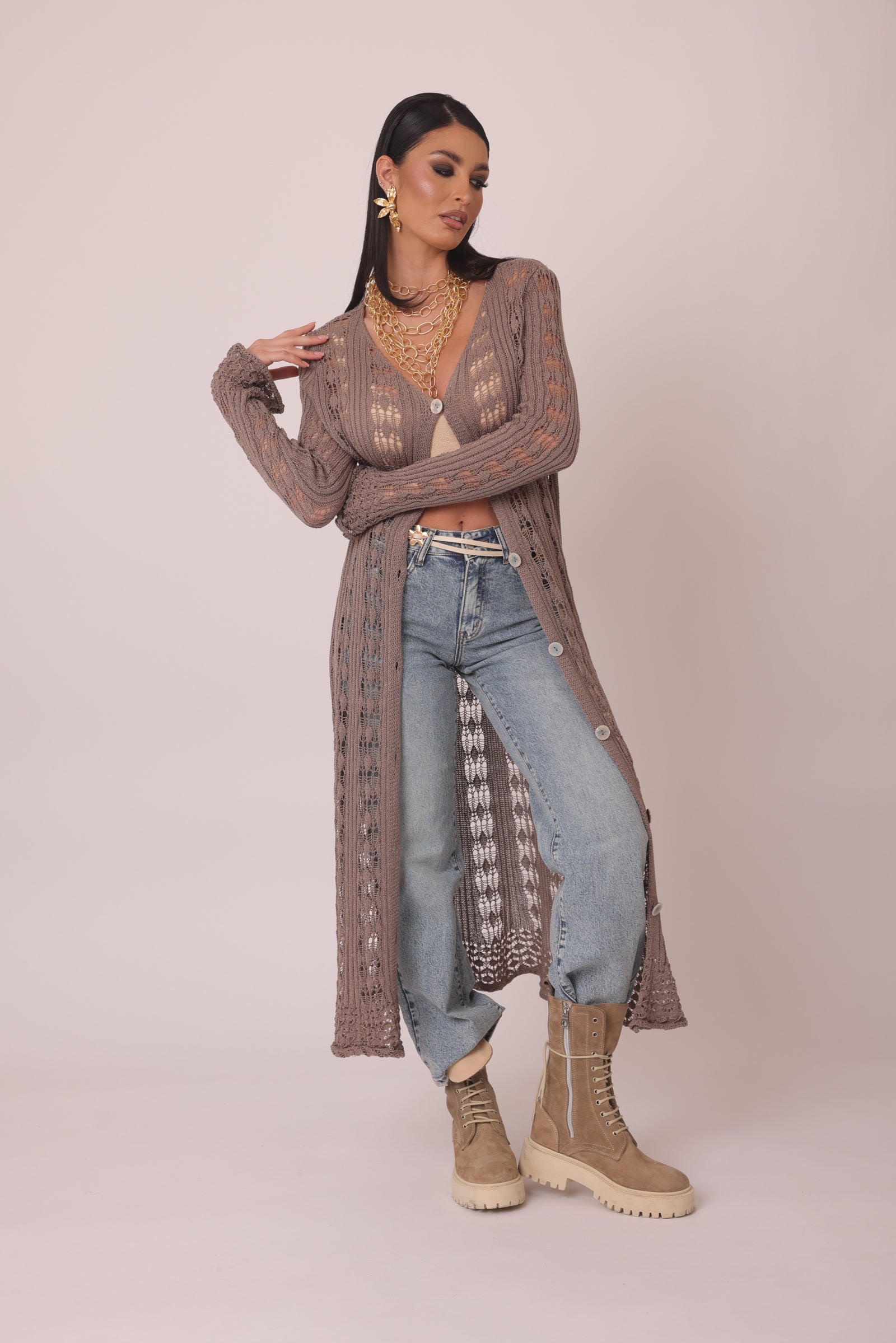 Cardigan  Lungo Elisabeth fango|Colore:Fango