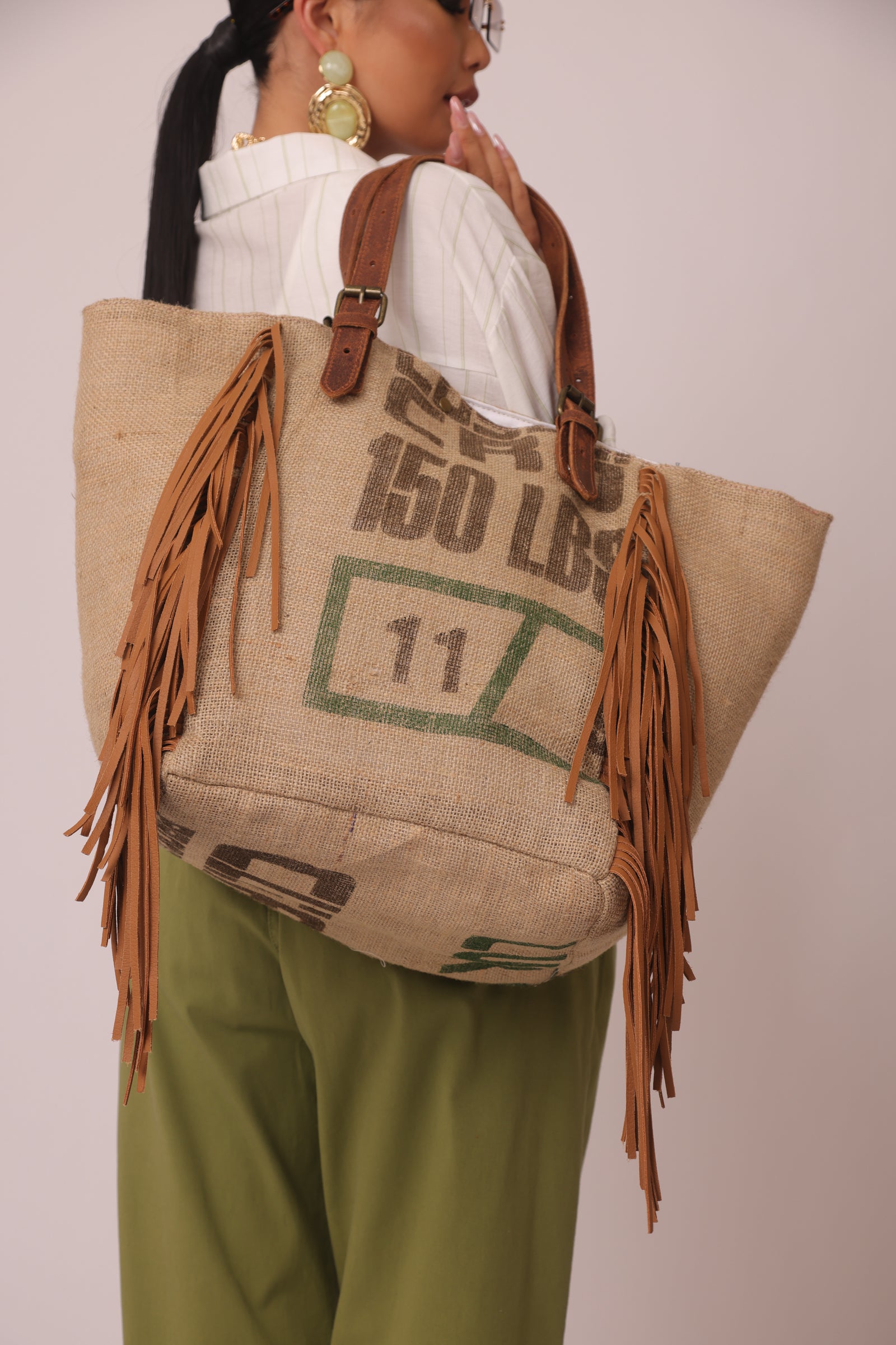Borsa In Juta Con Frange beige scuro|Colore:Beige scuro