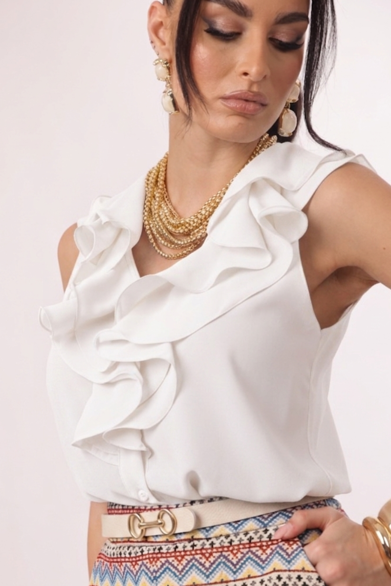 Camicia Giromanica Rouches bianco|Colore:Bianco