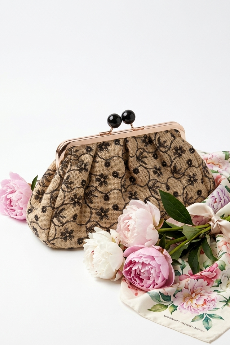 Clutch Fiori Juta beige scuro|Colore:Beige scuro