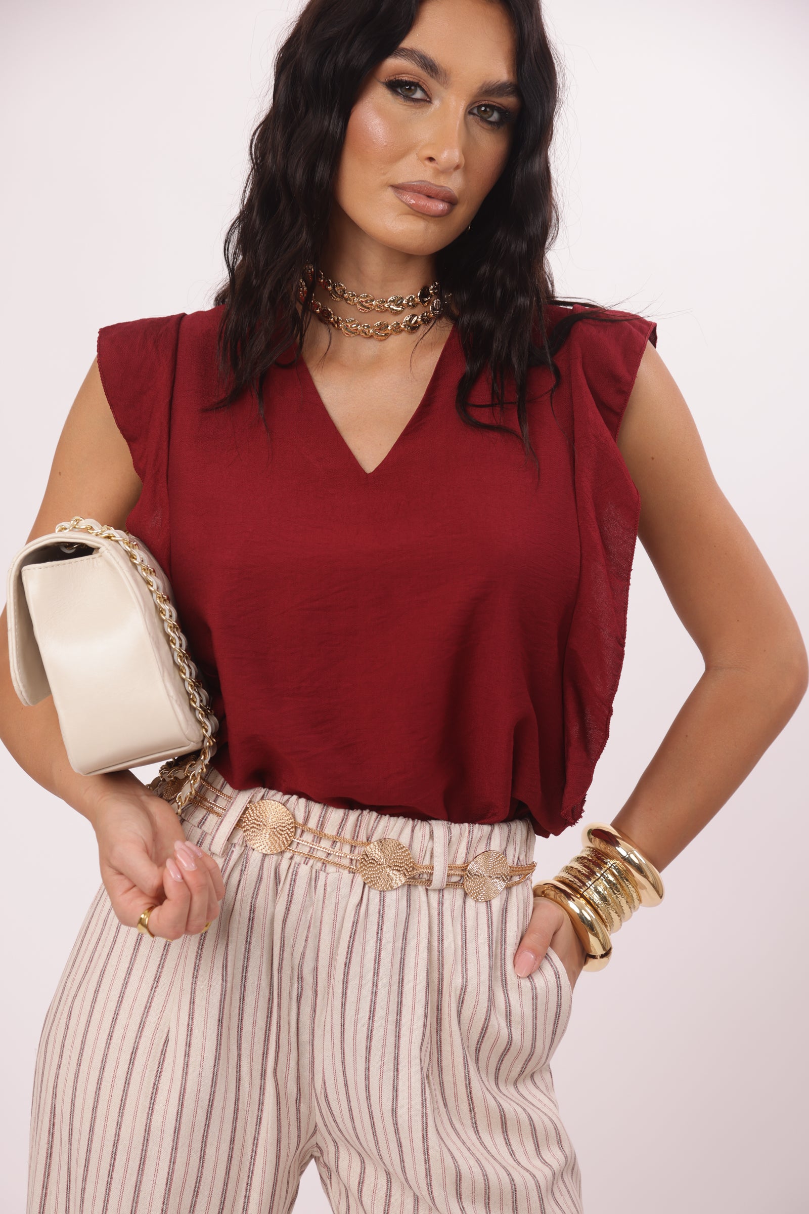 Blusa Scollo V Rouches Bordeaux|Colore:Bordeaux