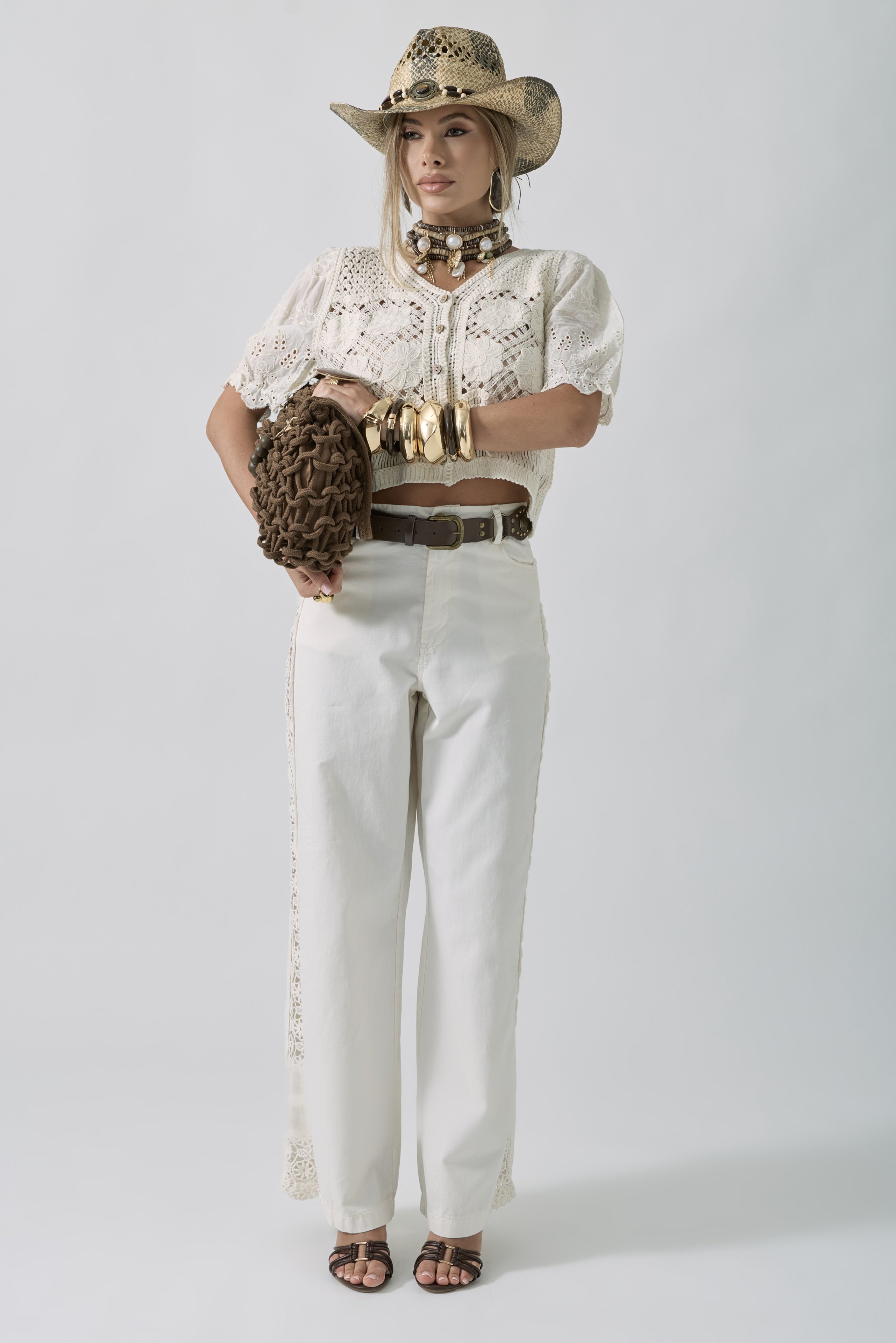 Pantalone Ricami panna|Colore:Panna