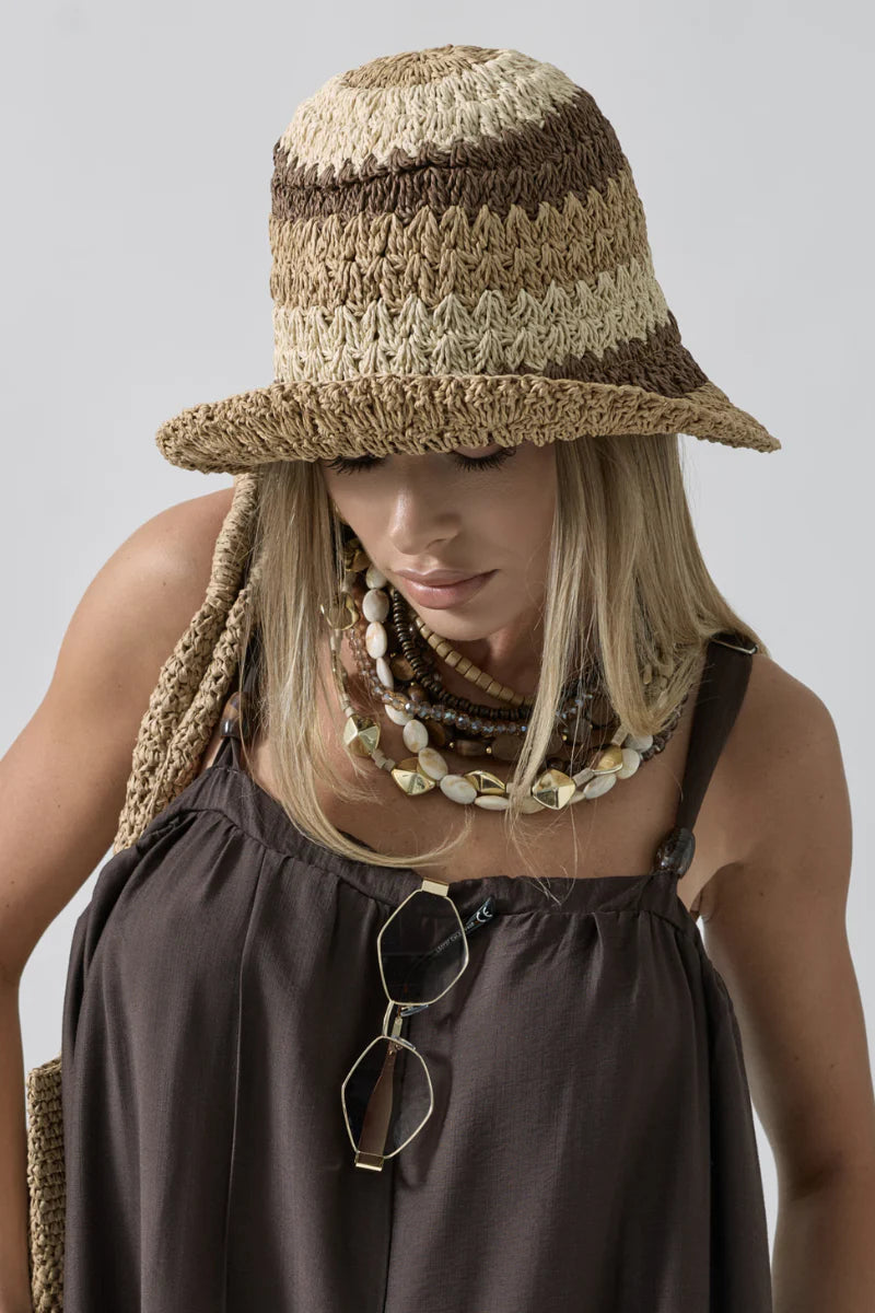 Cappello In Rafia Fasce Beige