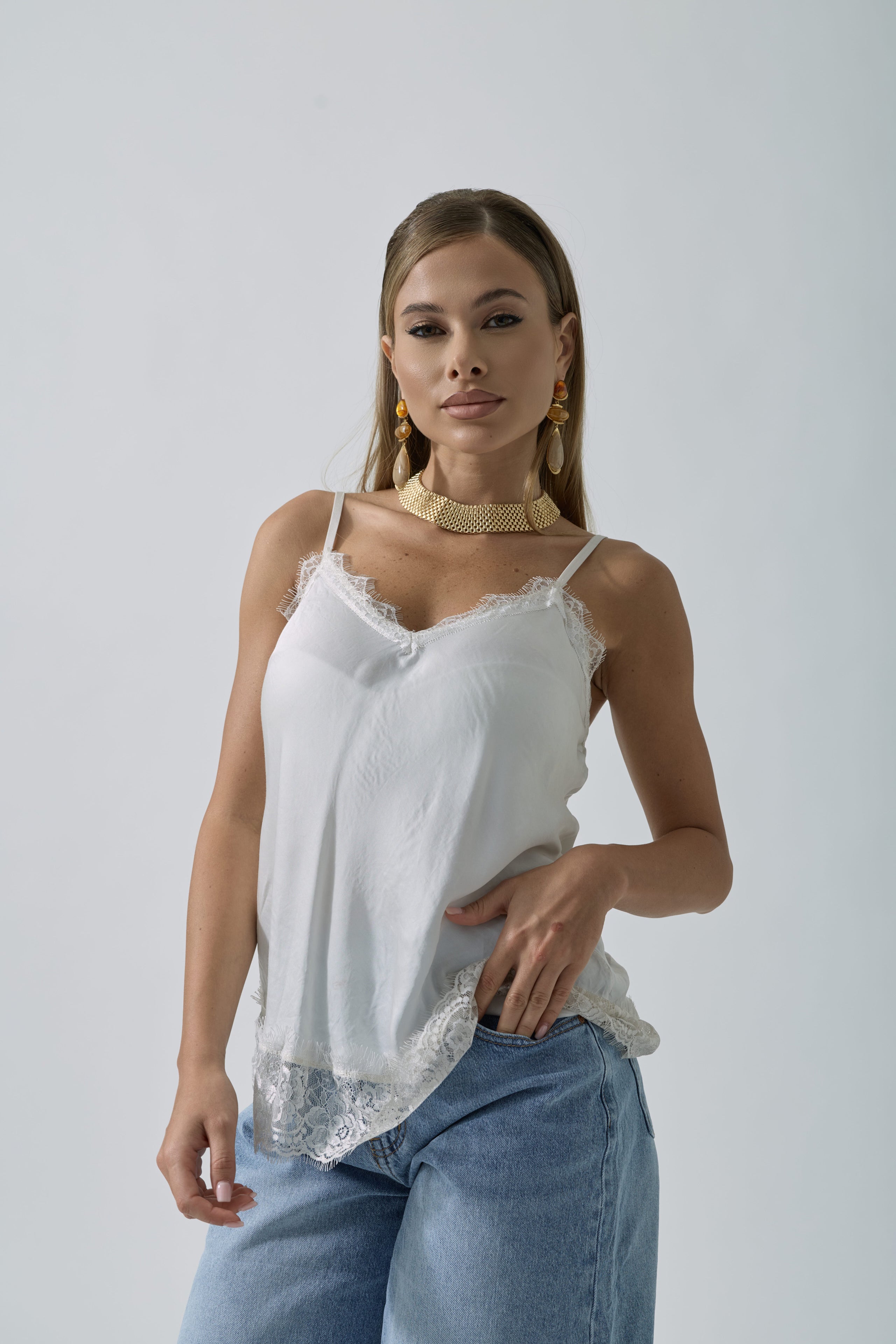 Canotta Pizzo Karen bianco|Colore:Bianco