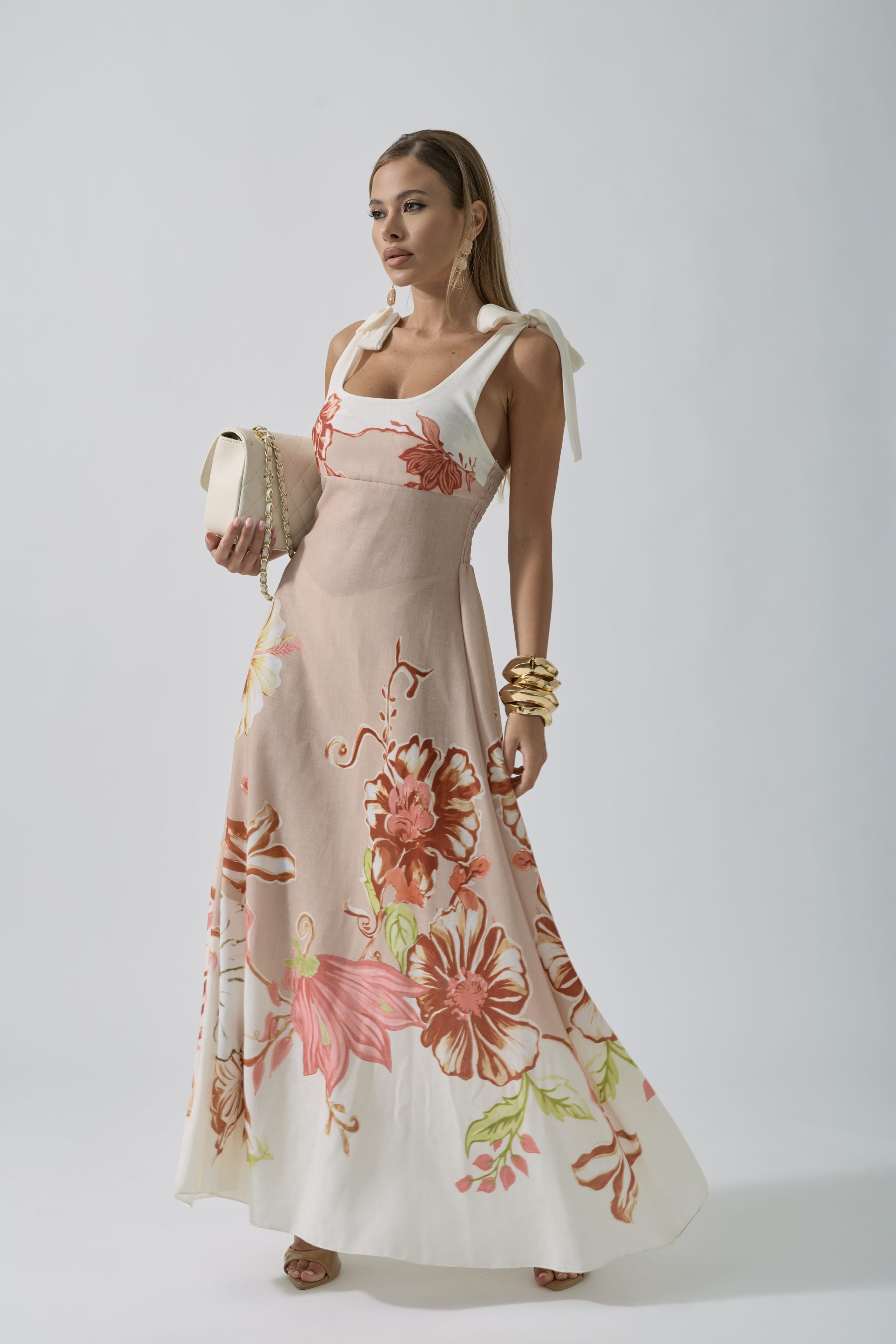 Abito Lungo Flores beige|Colore:Beige