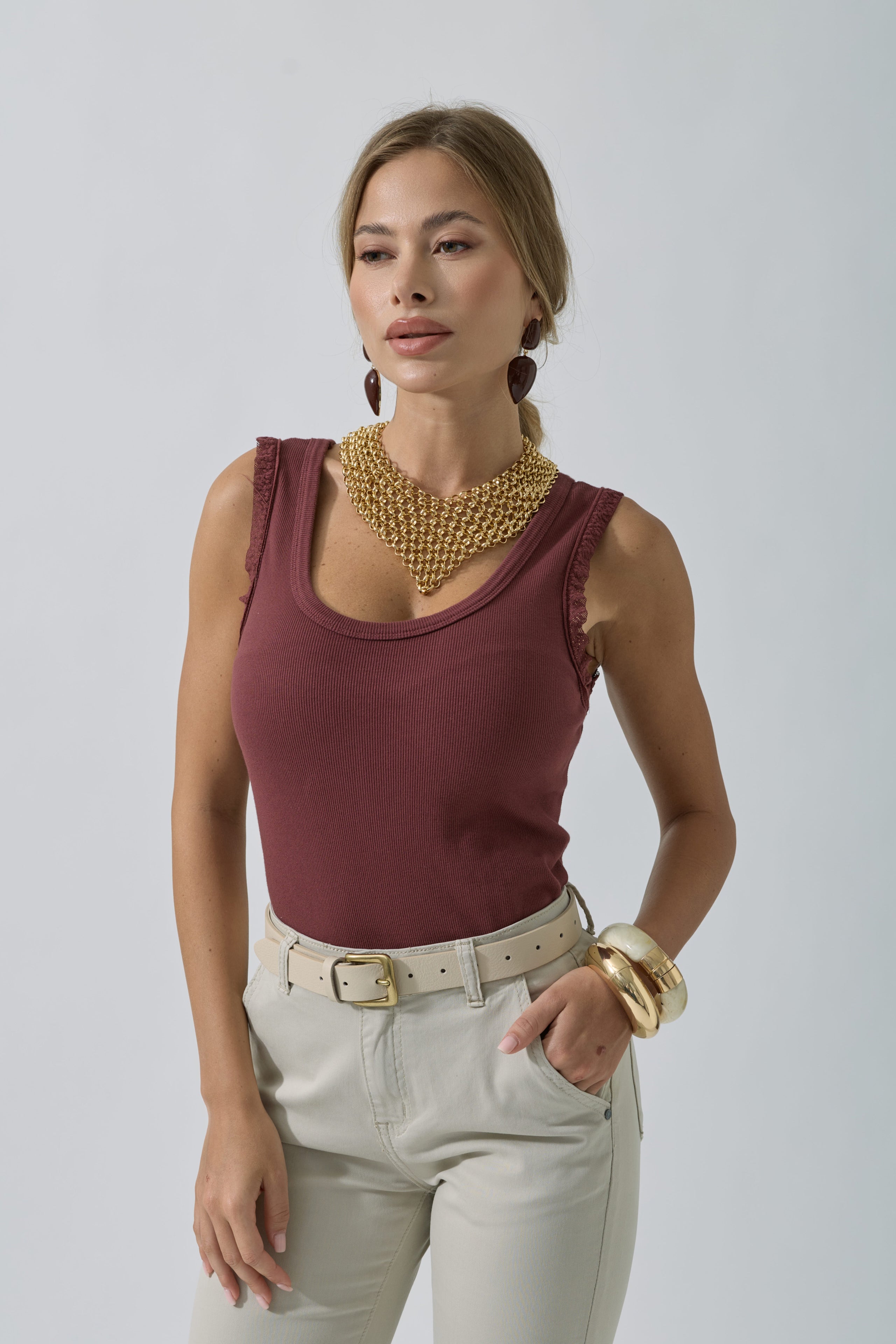 Canotta Costine Merletto Bordeaux|Colore:Bordeaux