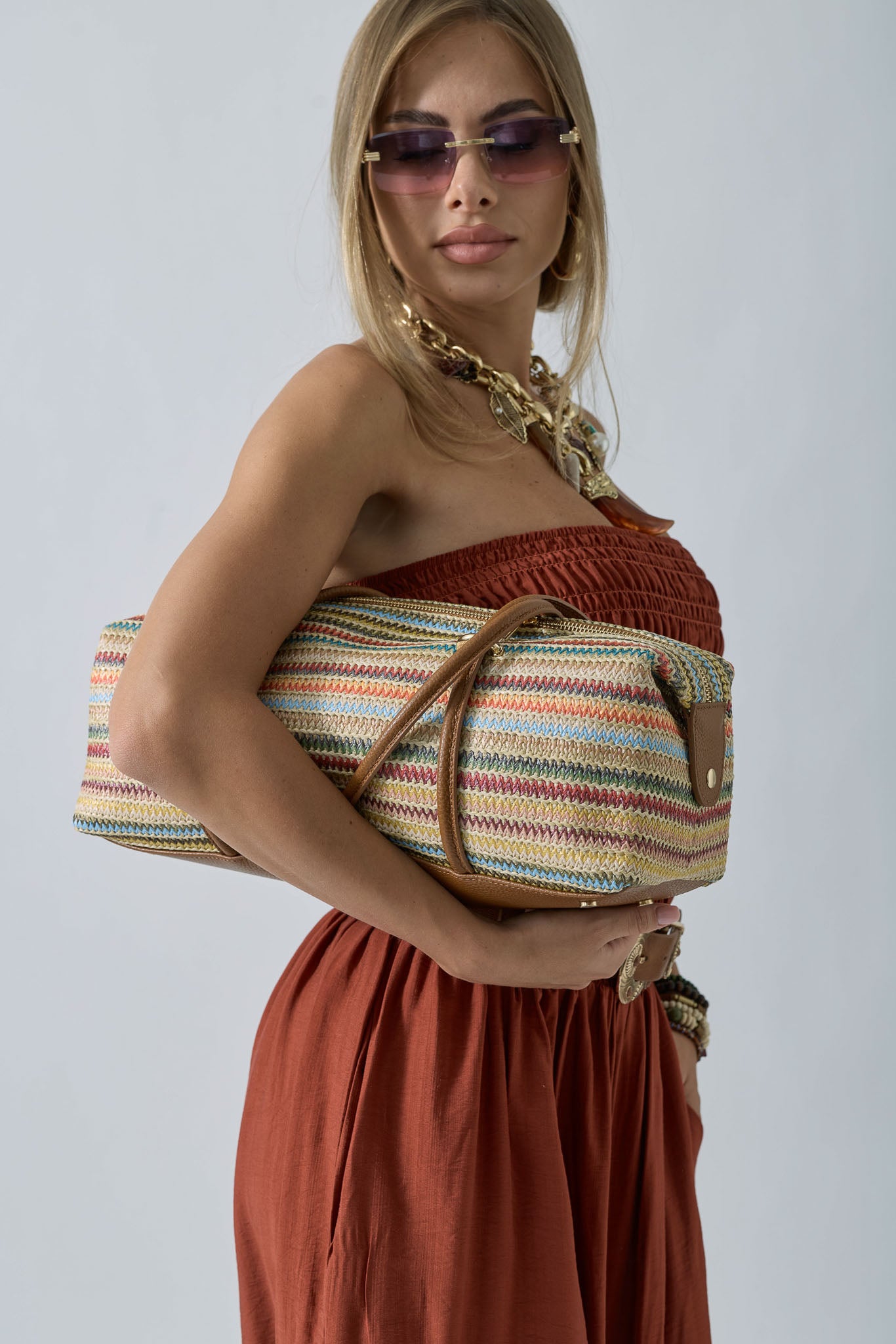 Borsa Multicolore Rafia cuoio|Colore:Cuoio