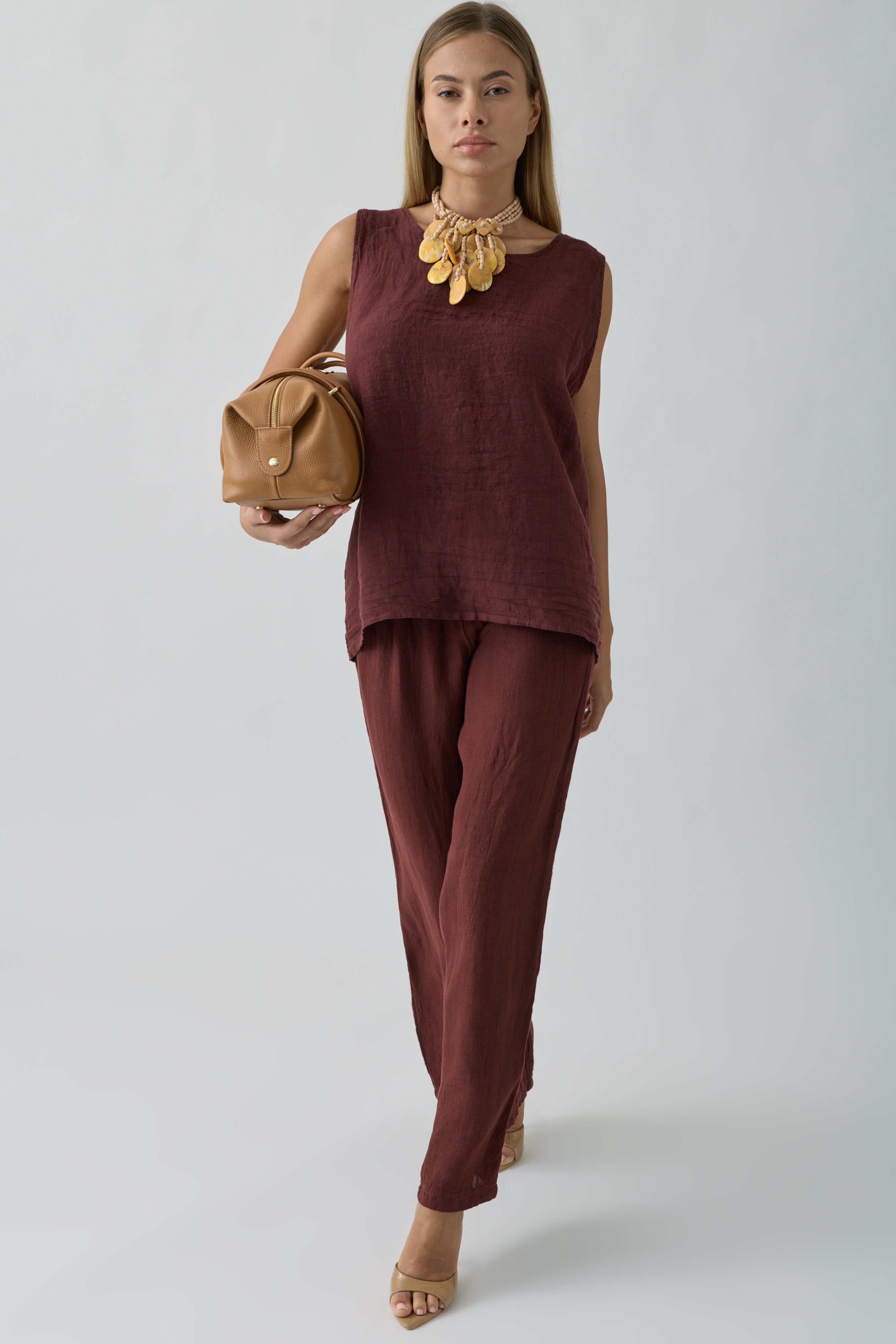 Pantalone Lino Fascia bordeaux|Colore:Bordeaux