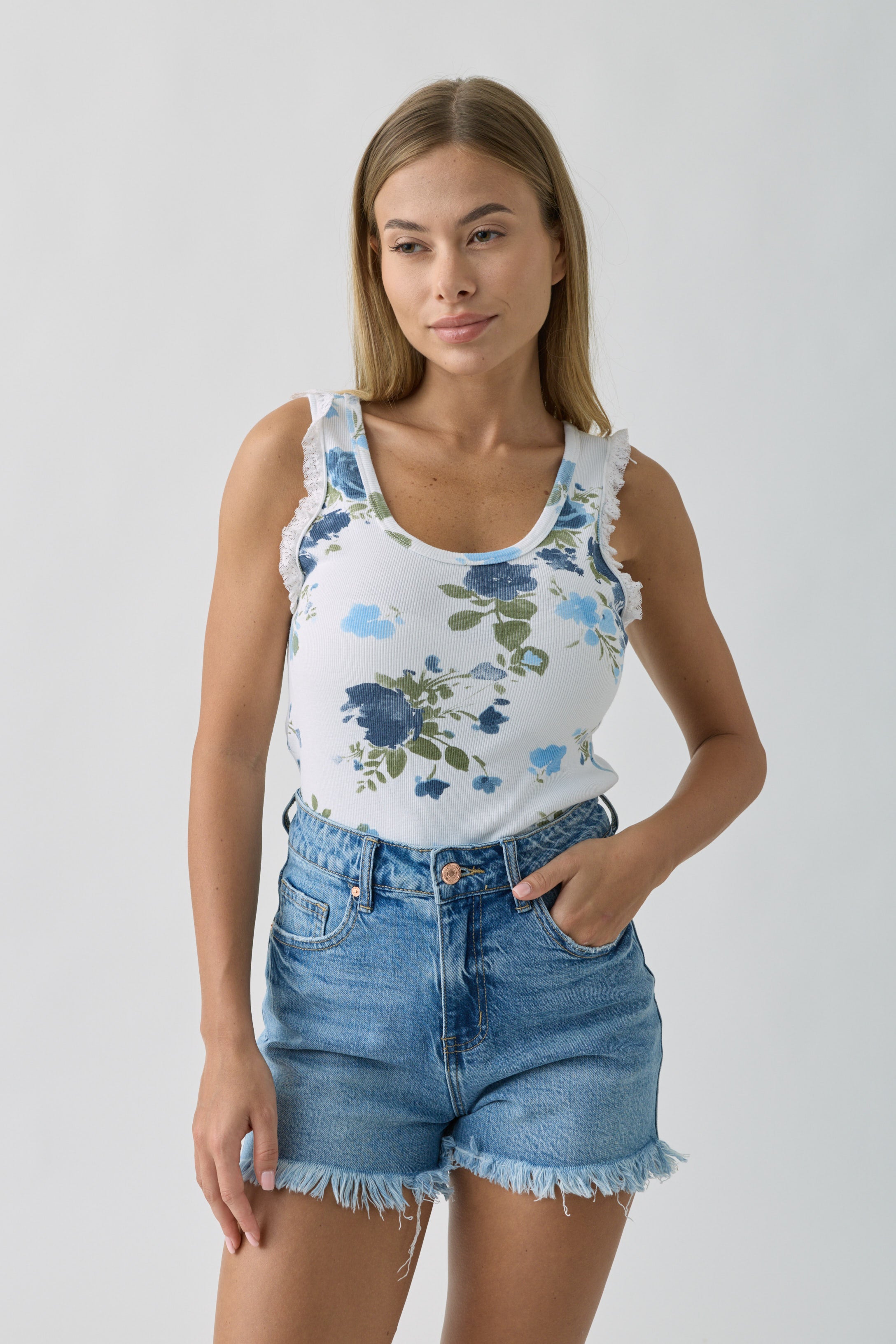 Canotta Costine Fiori Blu|Colore:Blu