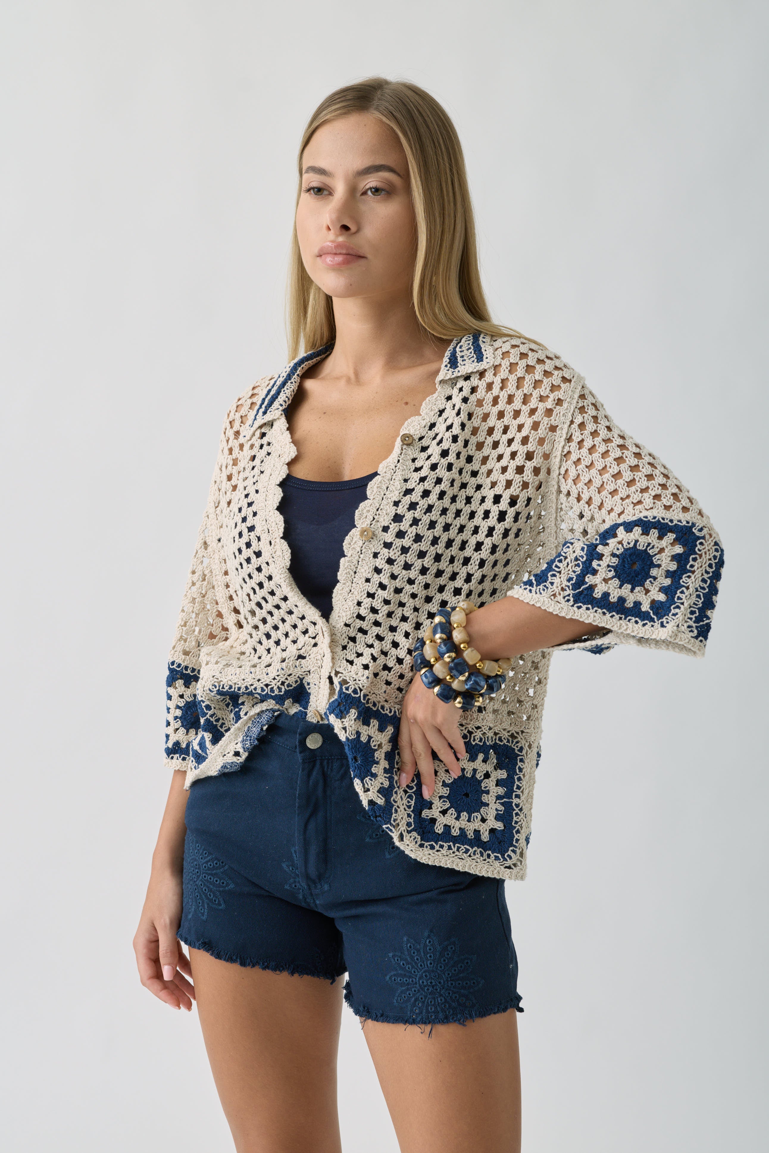 Cardigan Marcramé Paros blu|Colore:Blu