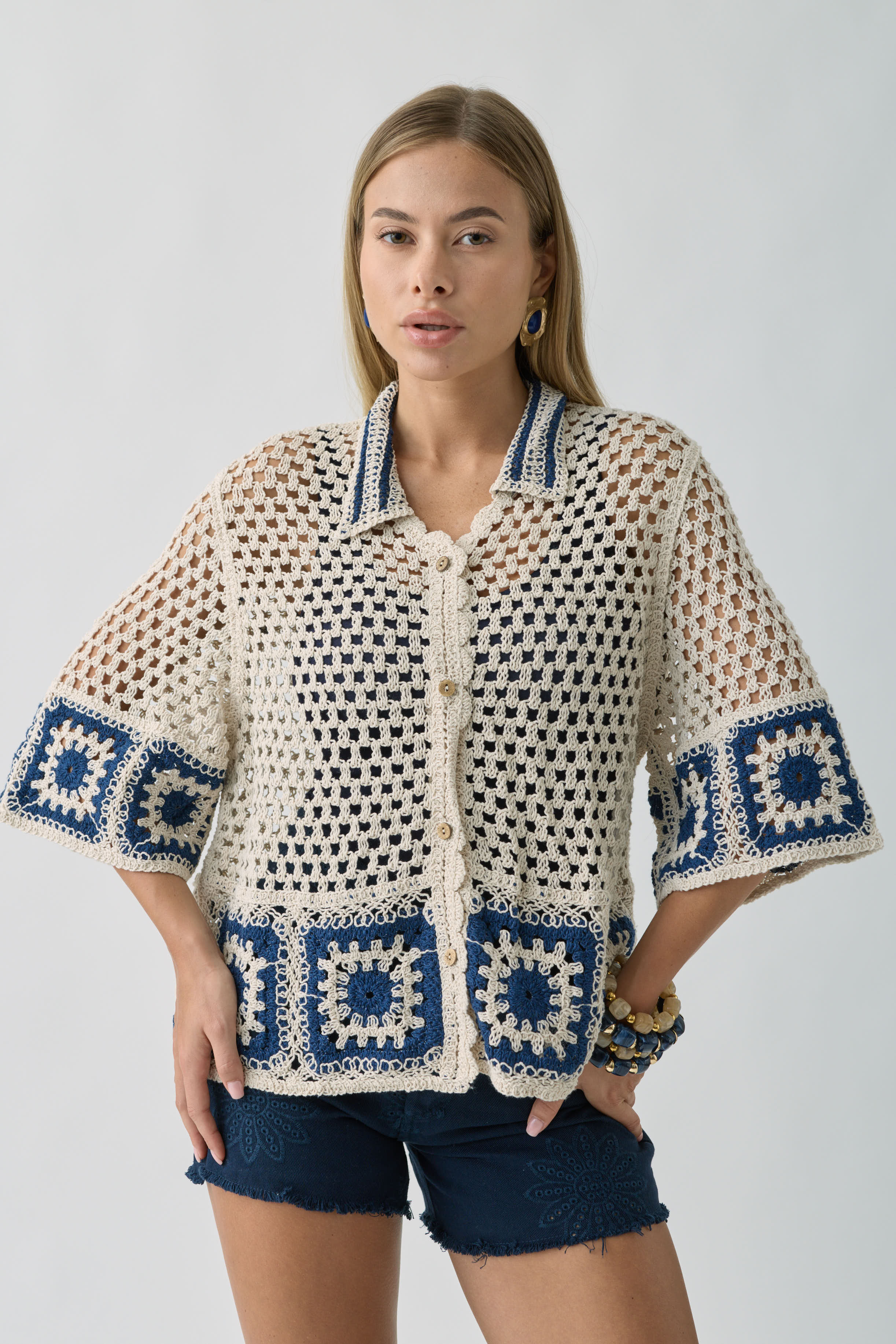 Cardigan Marcramé Paros blu|Colore:Blu