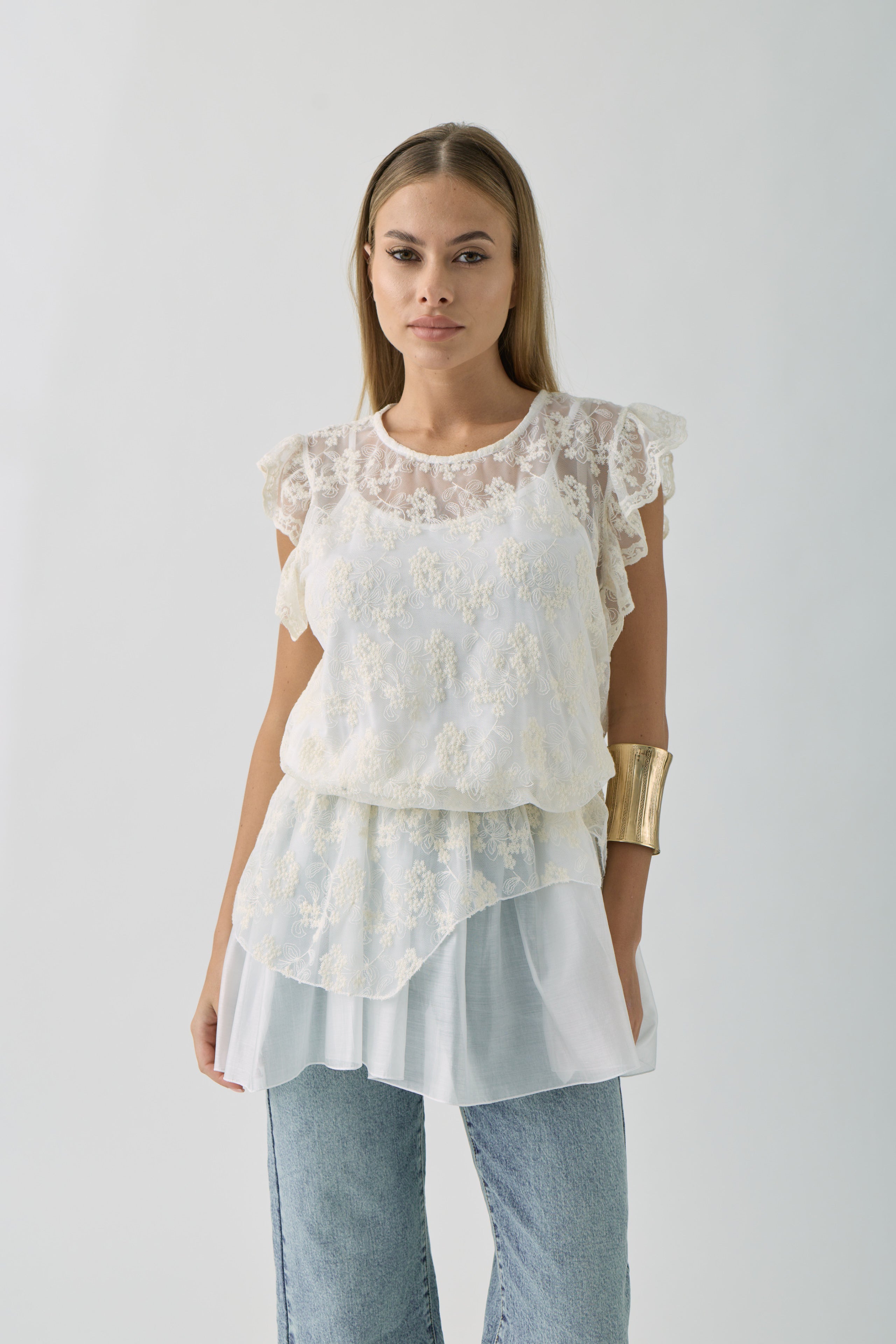 Blusa Pizzo Ricamato panna|Colore:Panna
