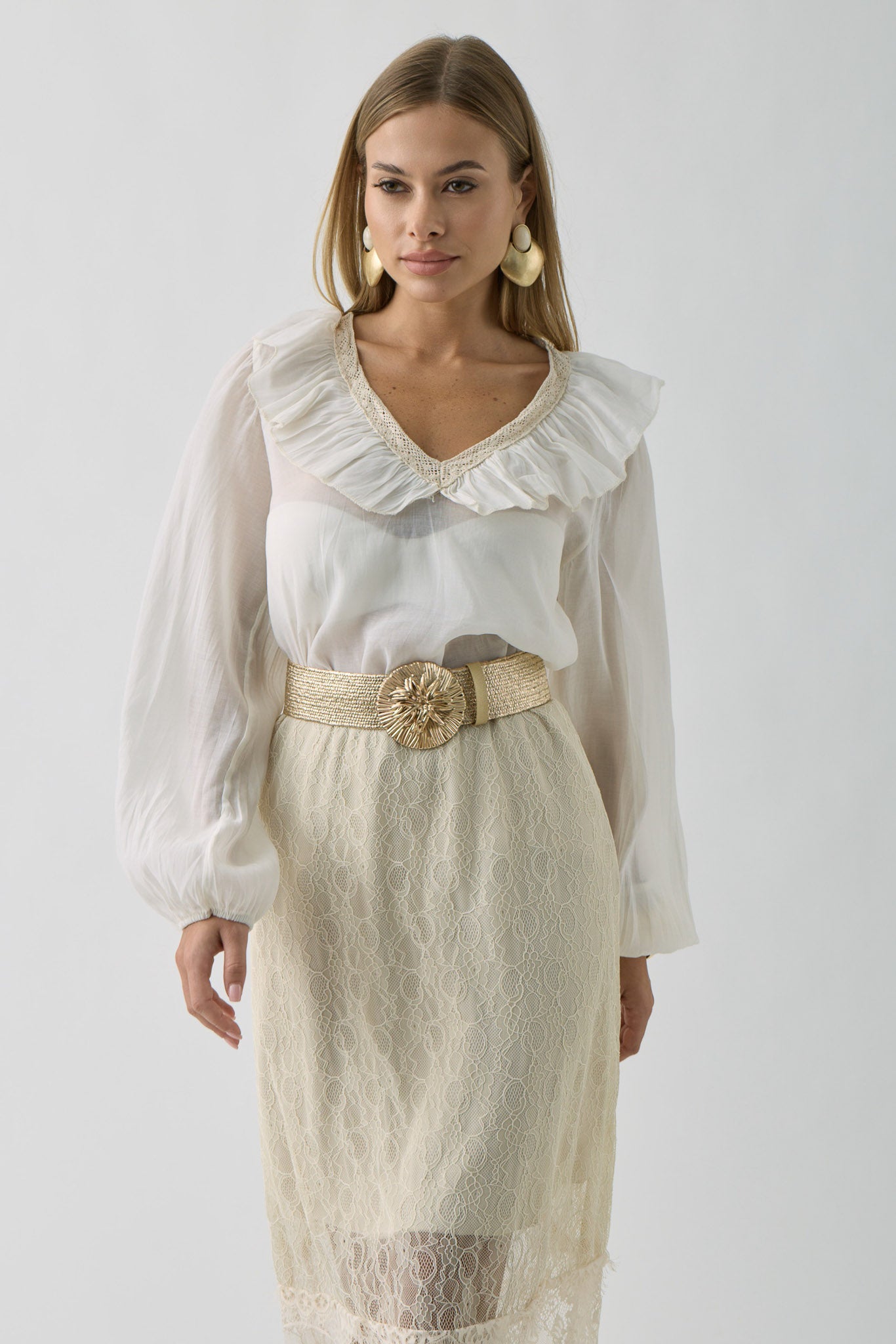 Blusa Con Volant beige chiaro|Colore:Beige chiaro