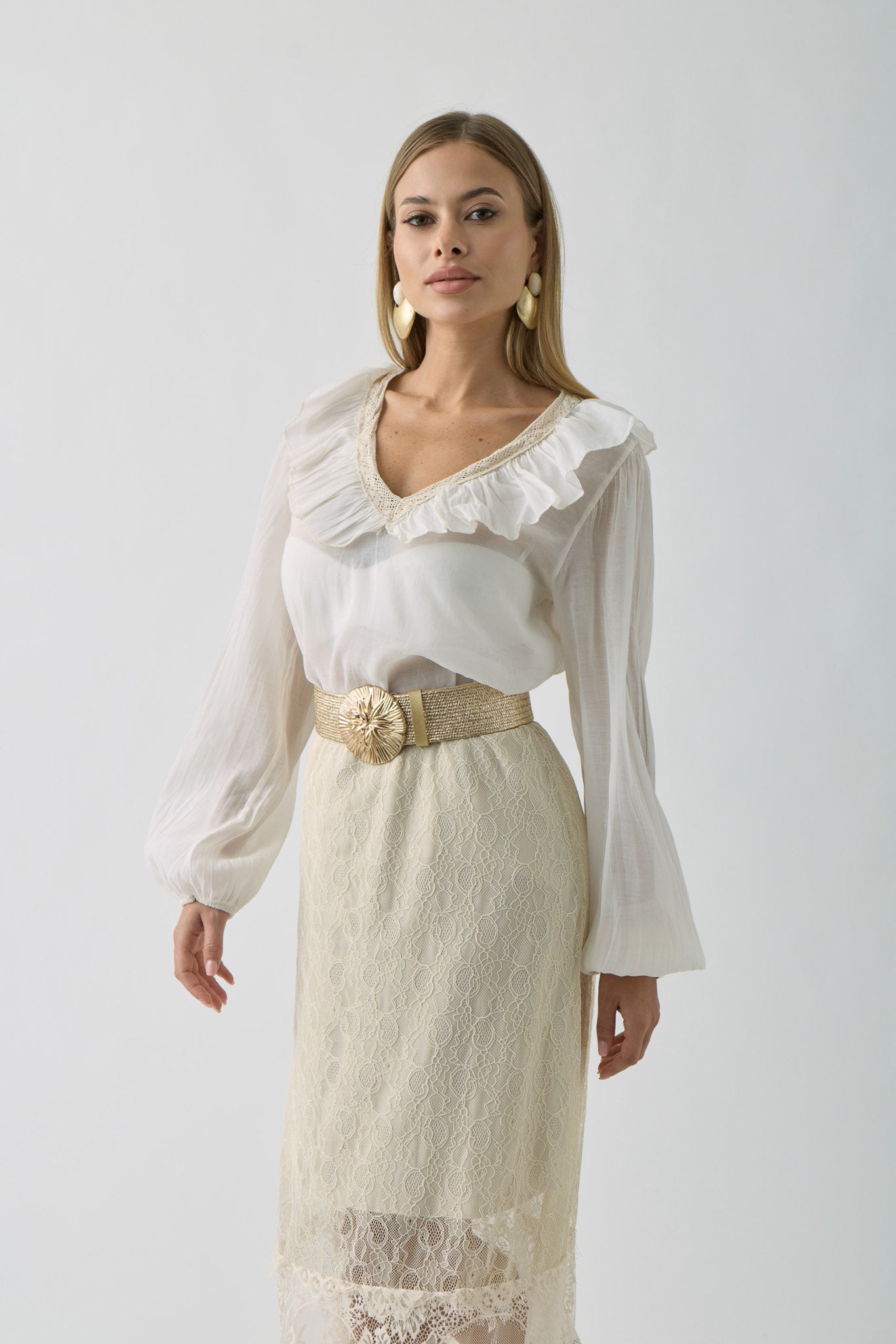 Blusa Con Volant beige chiaro|Colore:Beige chiaro