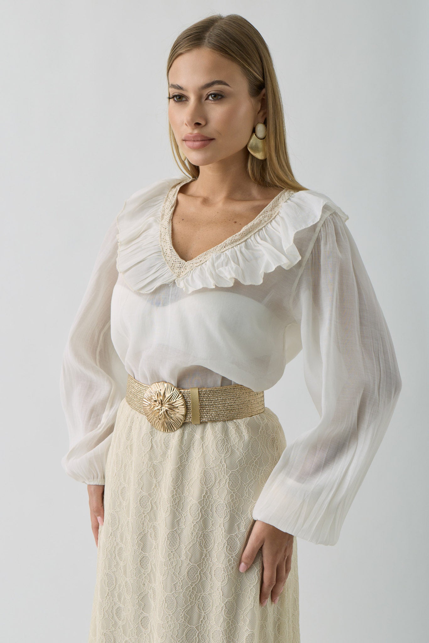 Blusa Con Volant beige chiaro|Colore:Beige chiaro