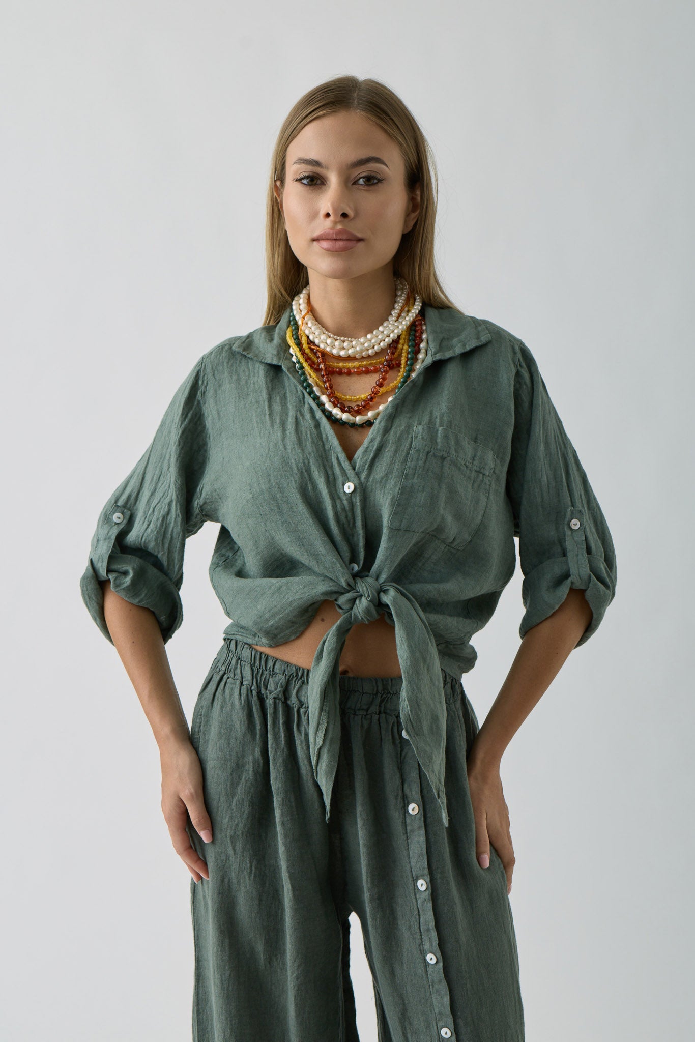 Camicia In Lino  verde militare|Colore:Verde militare