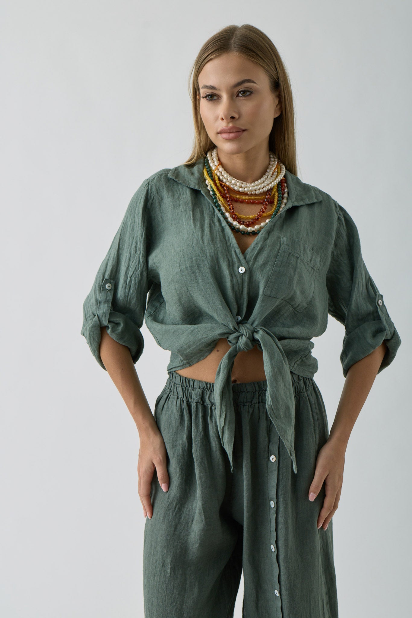 Camicia In Lino  verde militare|Colore:Verde militare