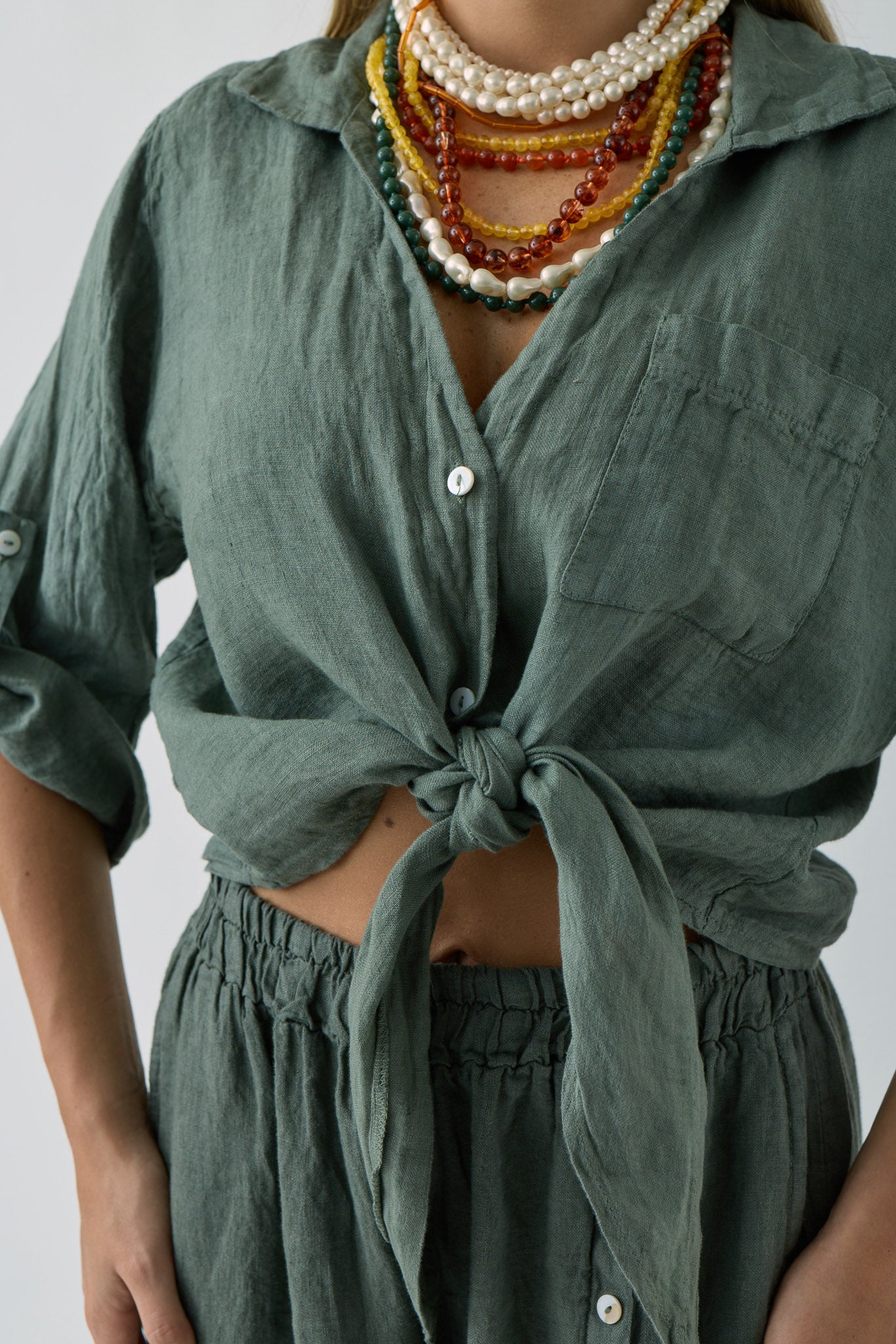 Camicia In Lino  verde militare|Colore:Verde militare