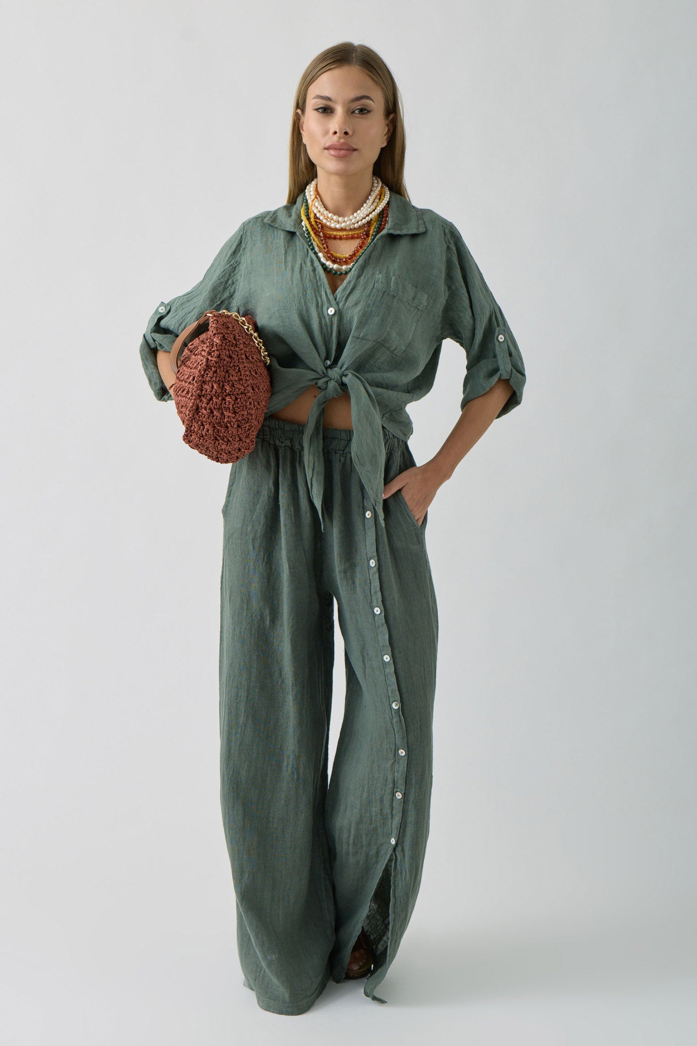 Pantalone Con Bottoni verde militare|Colore:Verde militare