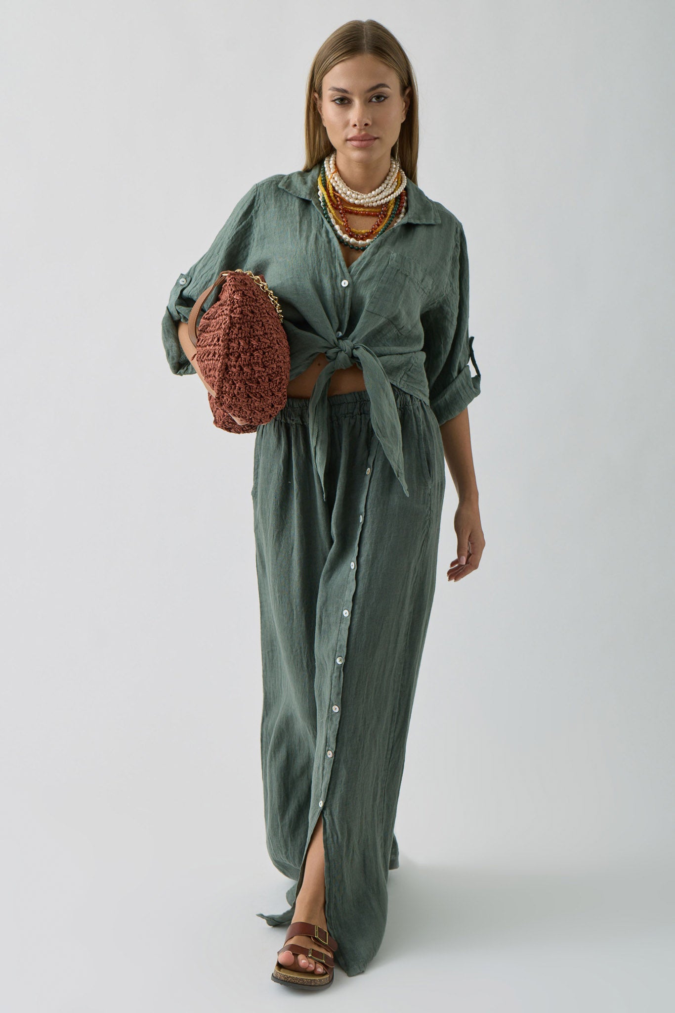 Pantalone Con Bottoni verde militare|Colore:Verde militare