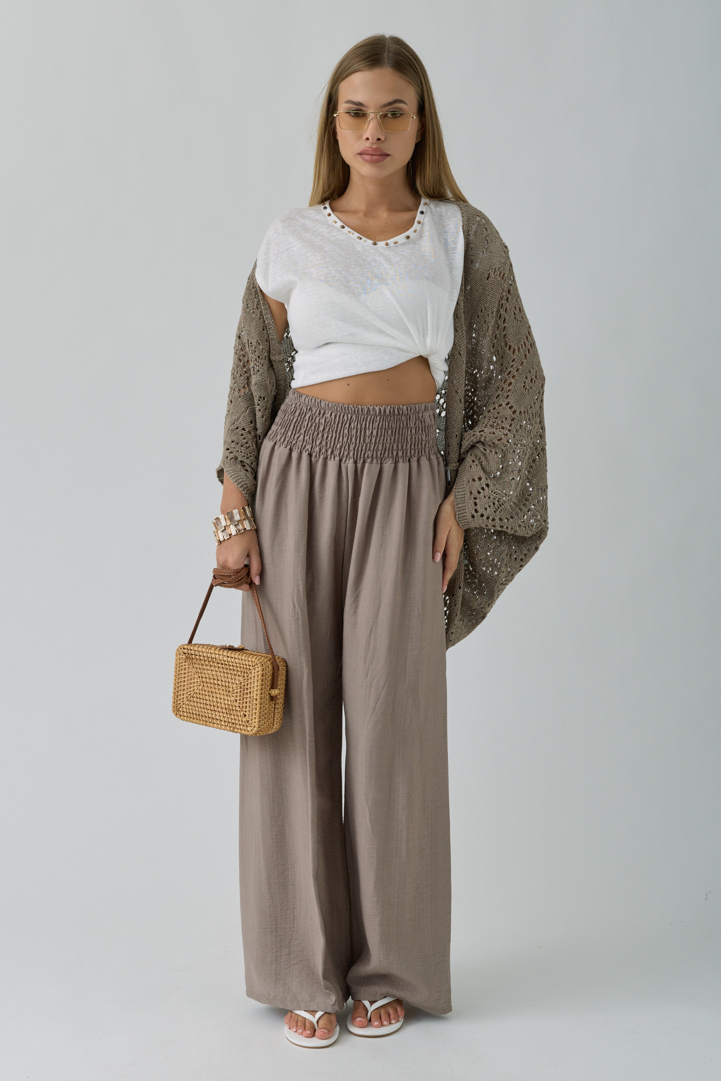 Pantalone Palazzo Con Molla Fango|Colore:Fango