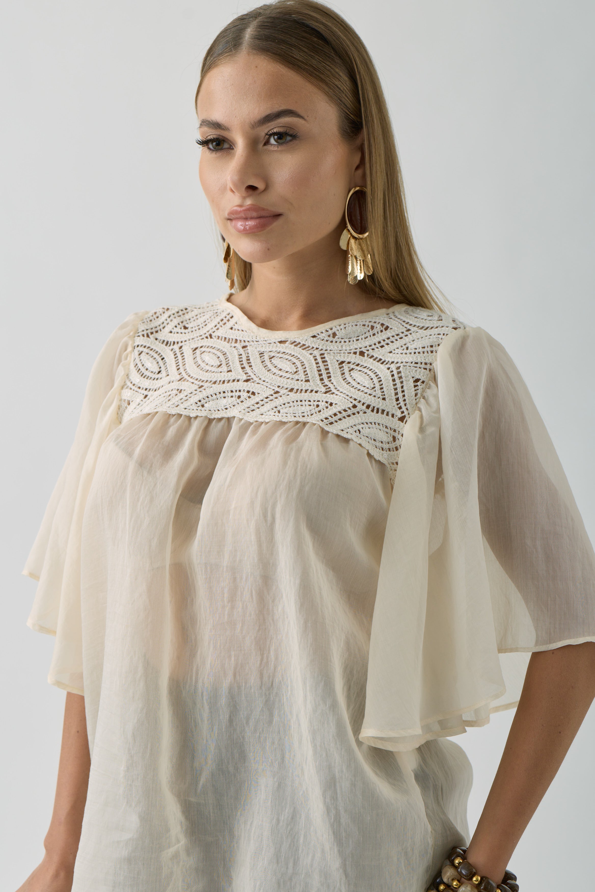 Blusa Maniche Volant beige|Colore:Beige