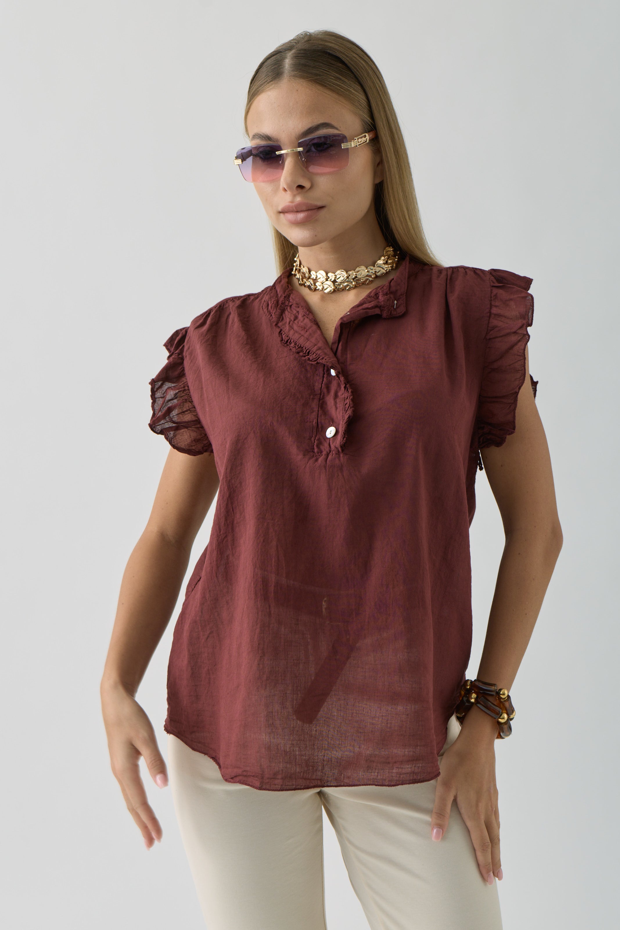 Blusa Con Rouches Bordeaux|Colore:Bordeaux