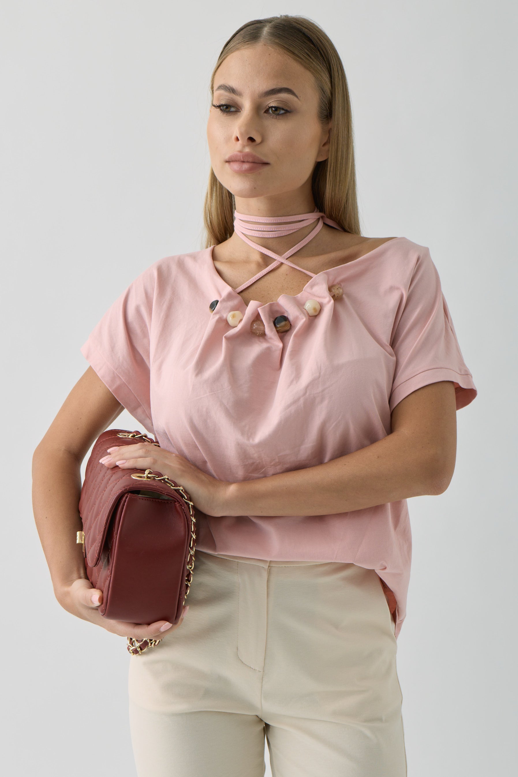T-Shirt Con Pietra Rosa|Colore:Rosa