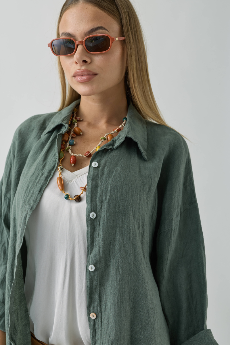Camicia In Lino verde militare|Colore:Verde militare