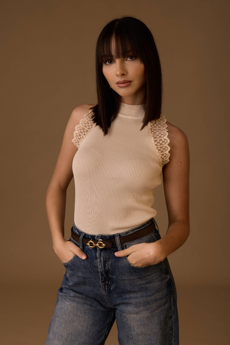Top Con Pizzo beige|Colore:Beige