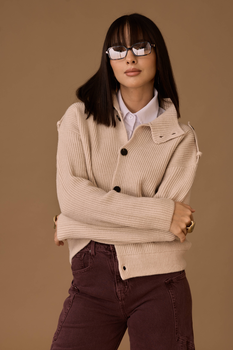 Cardigan A Coste Con Bottoni beige chiaro|Colore:Beige chiaro