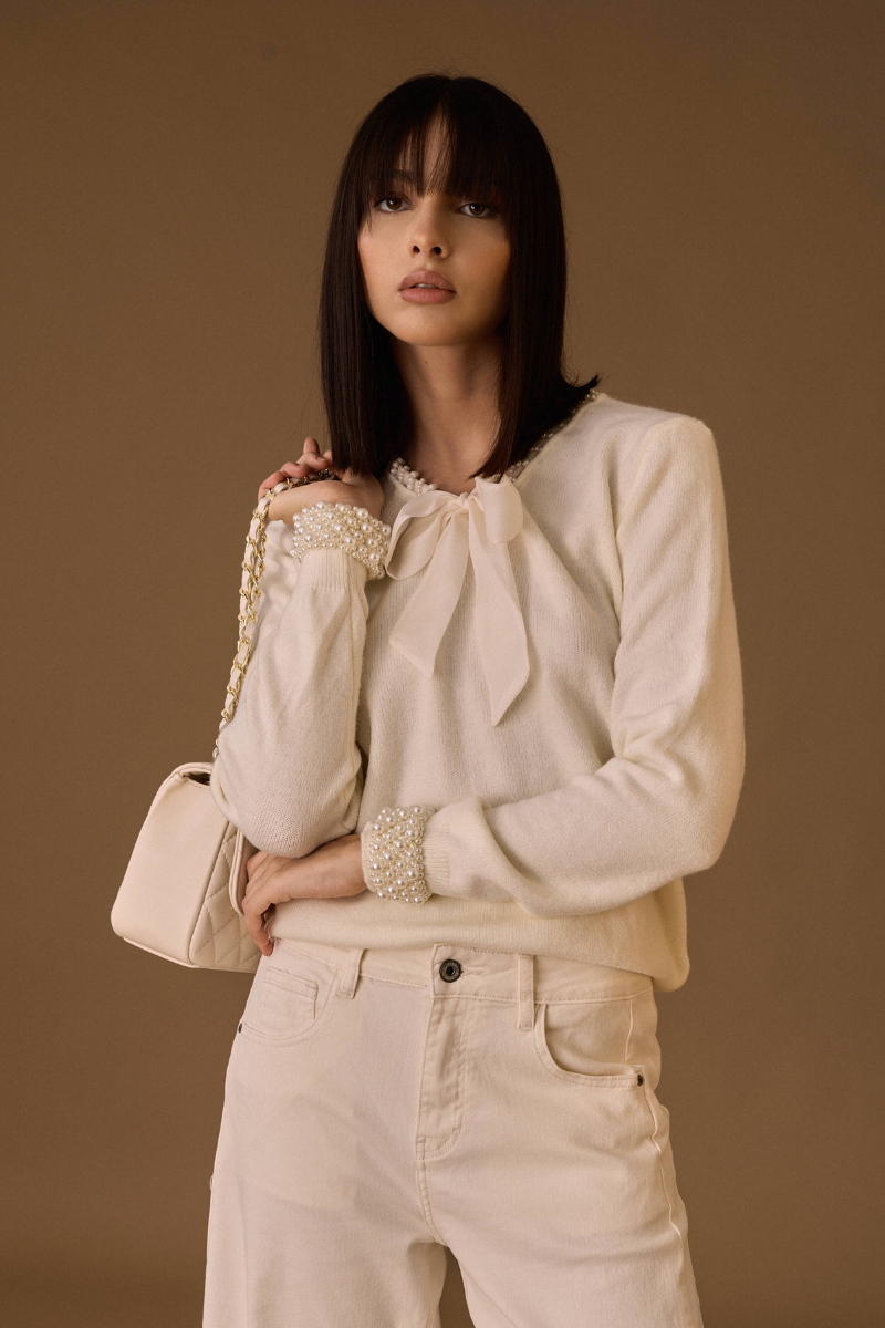 Maglia Cravattino Perle bianco|Colore:Bianco