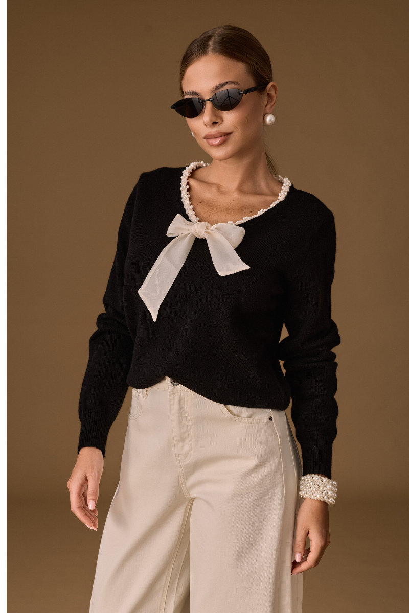 Maglia Cravattino Perle Nero|Colore:Nero