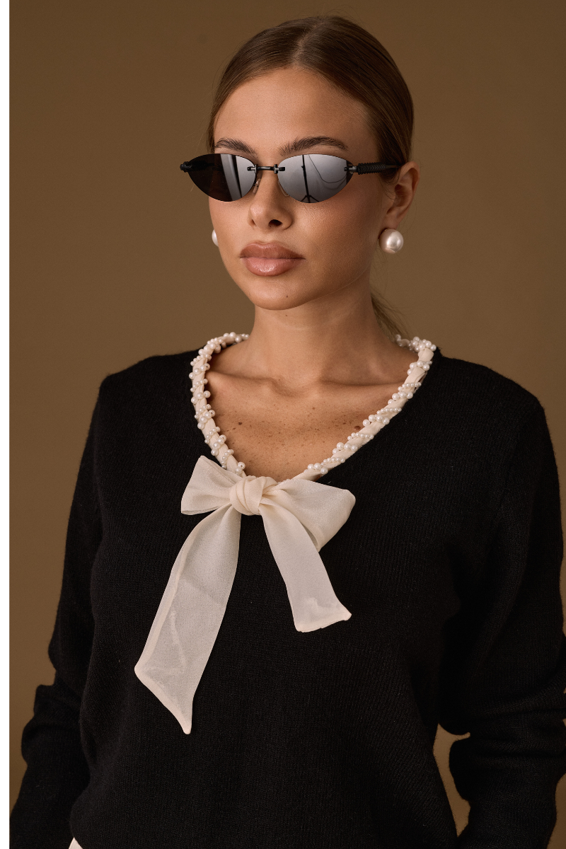 Maglia Cravattino Perle Nero|Colore:Nero