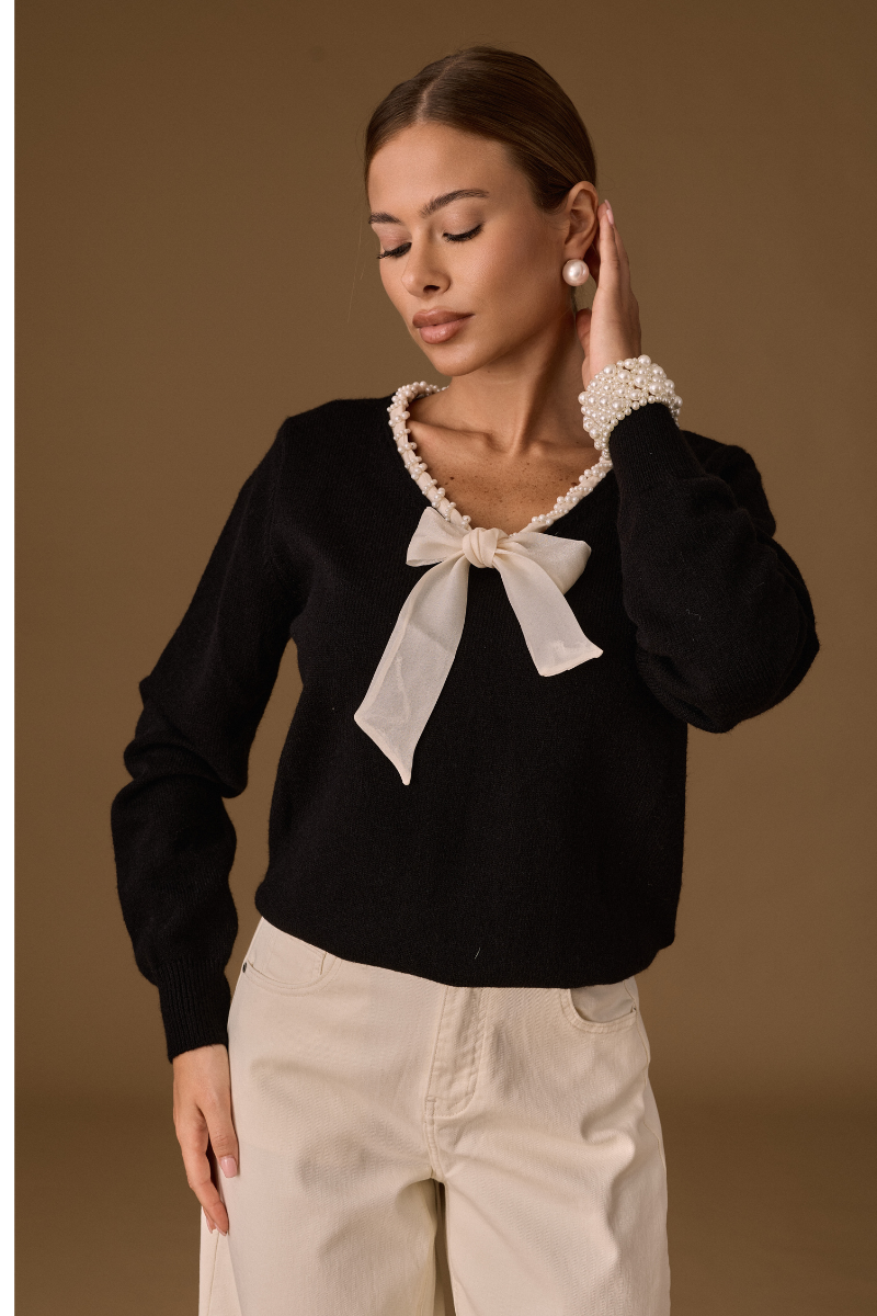 Maglia Cravattino Perle Nero|Colore:Nero