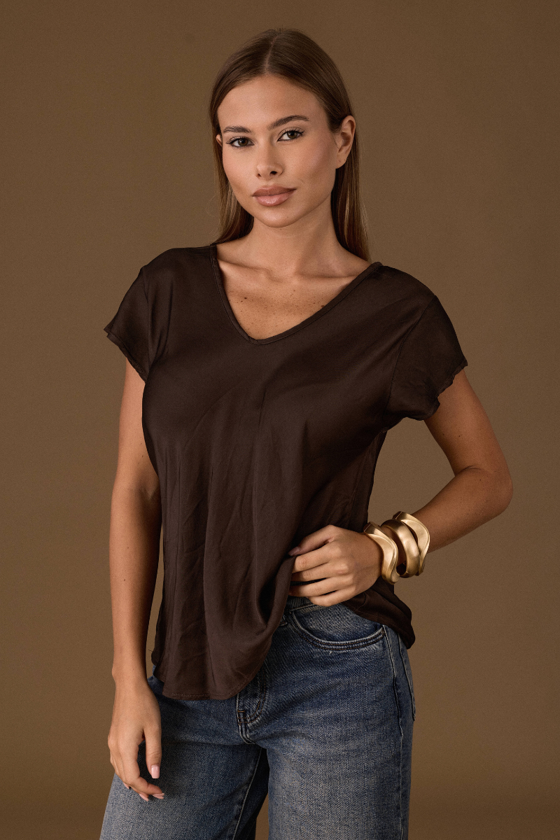 Blusa Satin Doppio Scollo V testa di moro|Colore:Testa di moro